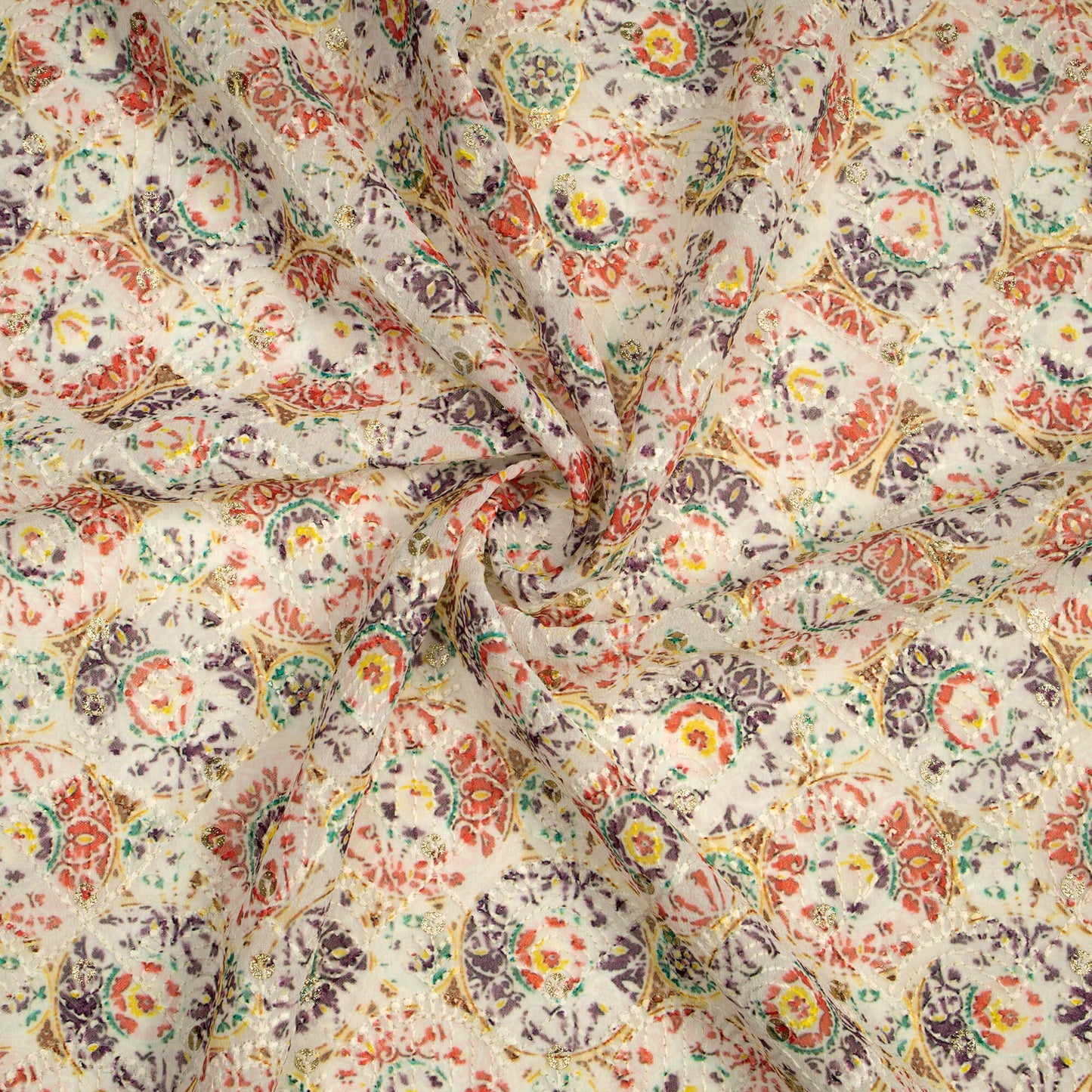 Ornamental Ethnic Zari Sequins Embroidery Digital Print Georgette Fabric