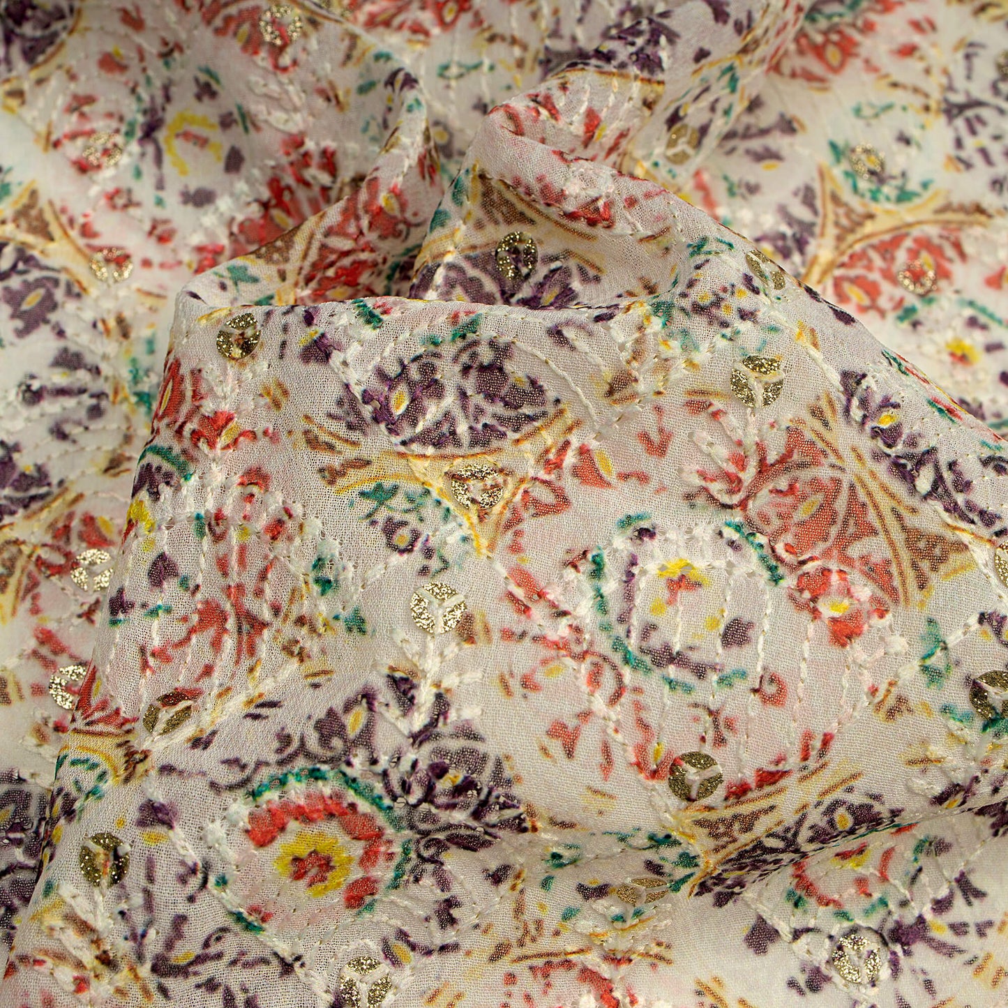 Ornamental Ethnic Zari Sequins Embroidery Digital Print Georgette Fabric