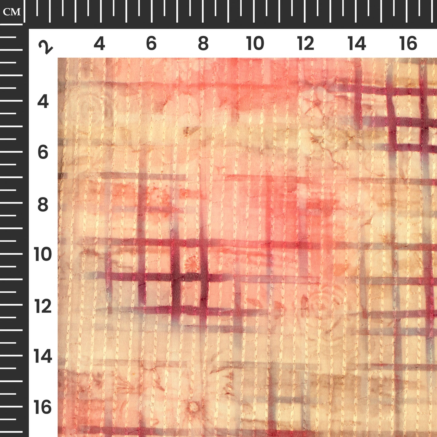 Peach And Beige Geometric Premium Embroidery Digital Print Georgette Fabric