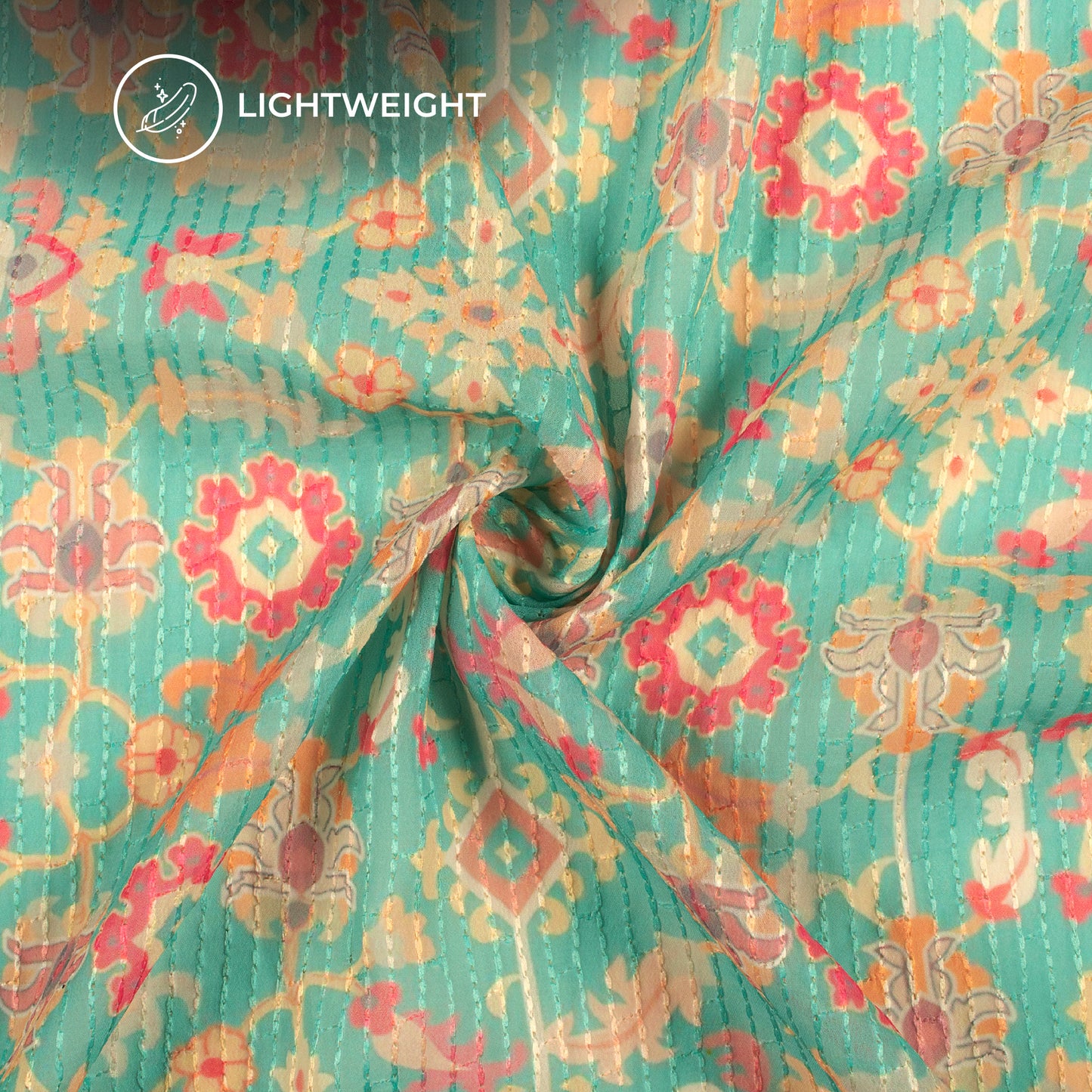 Turquiose Blue And Pink Floral Premium Embroidery Digital Print Georgette Fabric