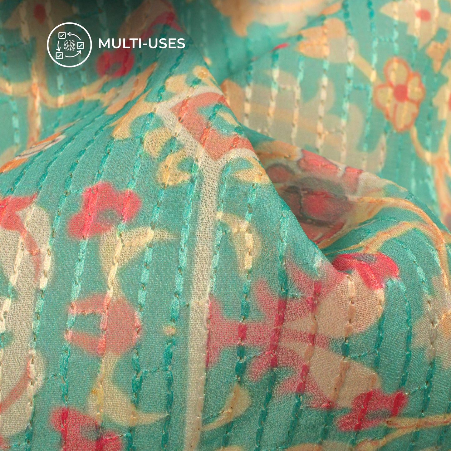 Turquiose Blue And Pink Floral Premium Embroidery Digital Print Georgette Fabric