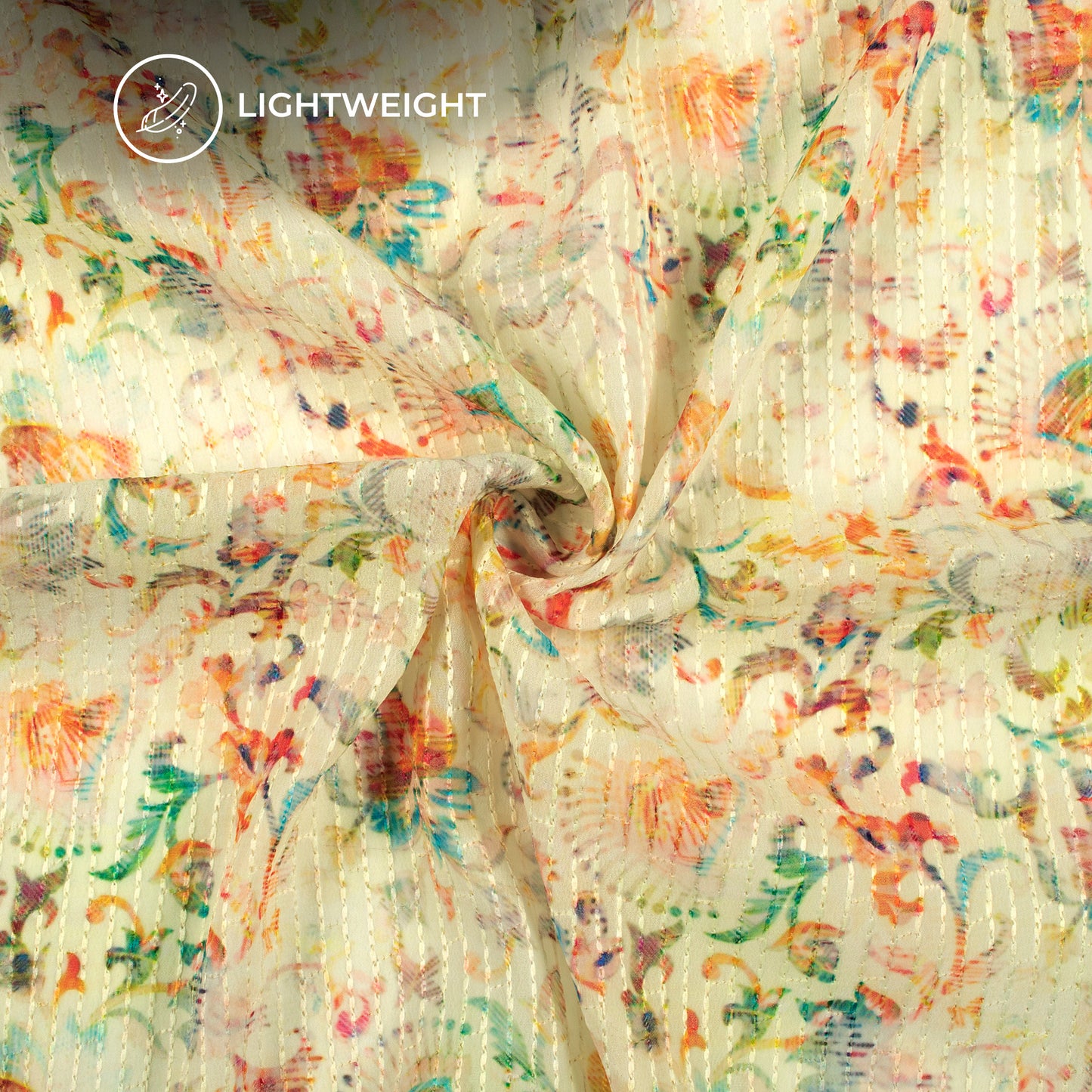 Ivory Cream And Pink Floral Premium Embroidery Digital Print Georgette Fabric