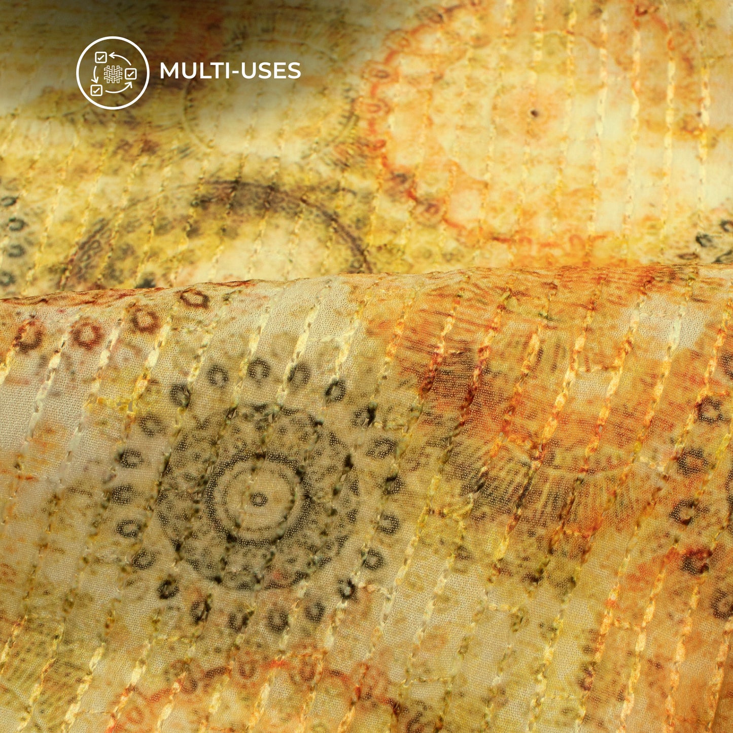 Corn Yellow Geometric Premium Embroidery Digital Print Georgette Fabric