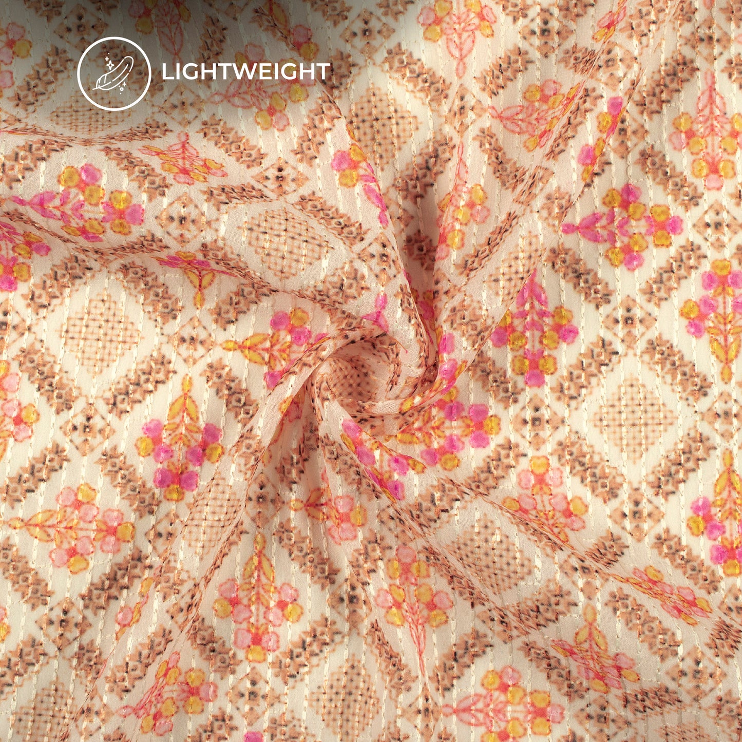 Taffy Pink And Beige Floral Premium Embroidery Digital Print Georgette Fabric