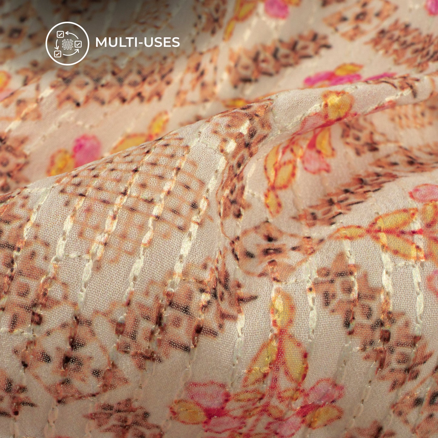 Taffy Pink And Beige Floral Premium Embroidery Digital Print Georgette Fabric