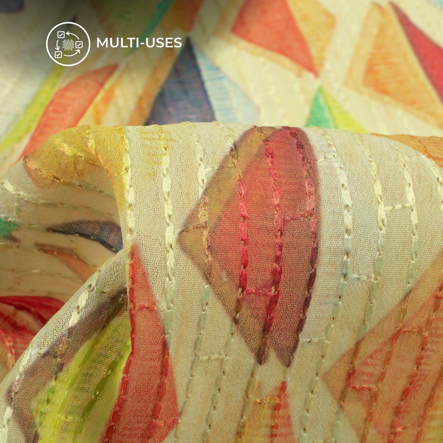 Cream And Red Geometric Premium Embroidery Digital Print Georgette Fabric