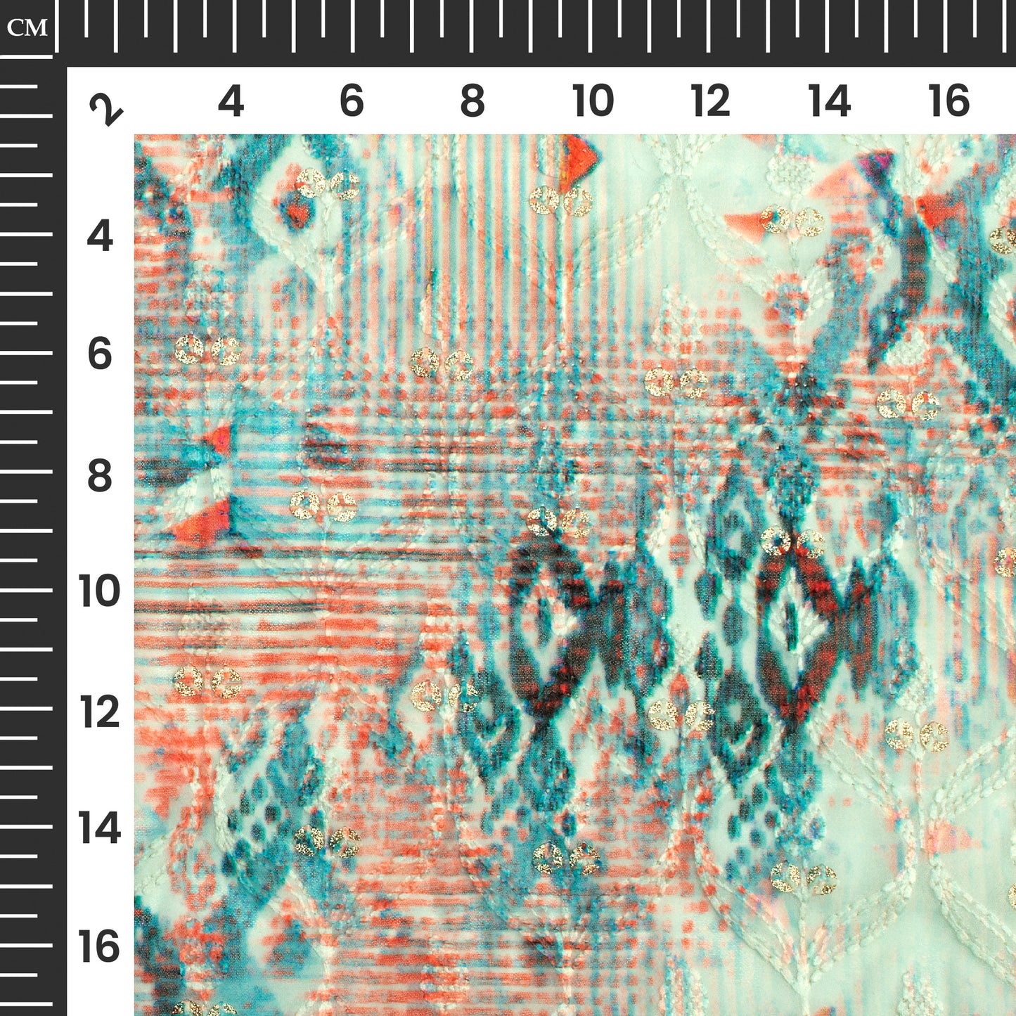 Mint Green Geometric Trellis Zari Sequins Embroidery Digital Print Georgette Fabric