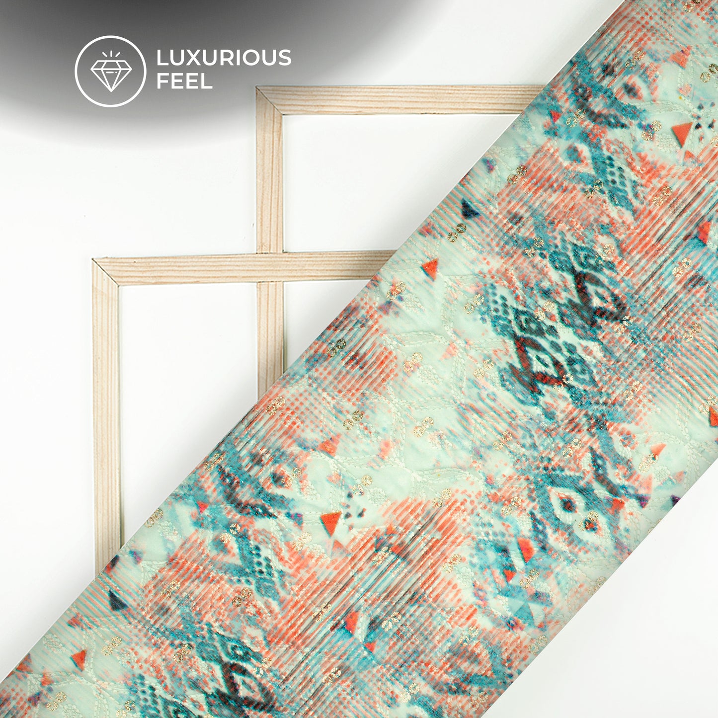 Mint Green Geometric Trellis Zari Sequins Embroidery Digital Print Georgette Fabric