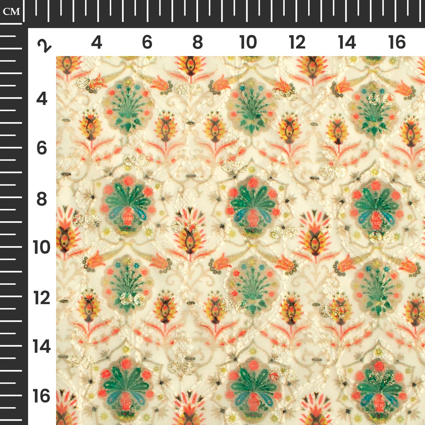Ivory Beige Ethnic Trellis Zari Sequins Embroidery Digital Print Georgette Fabric
