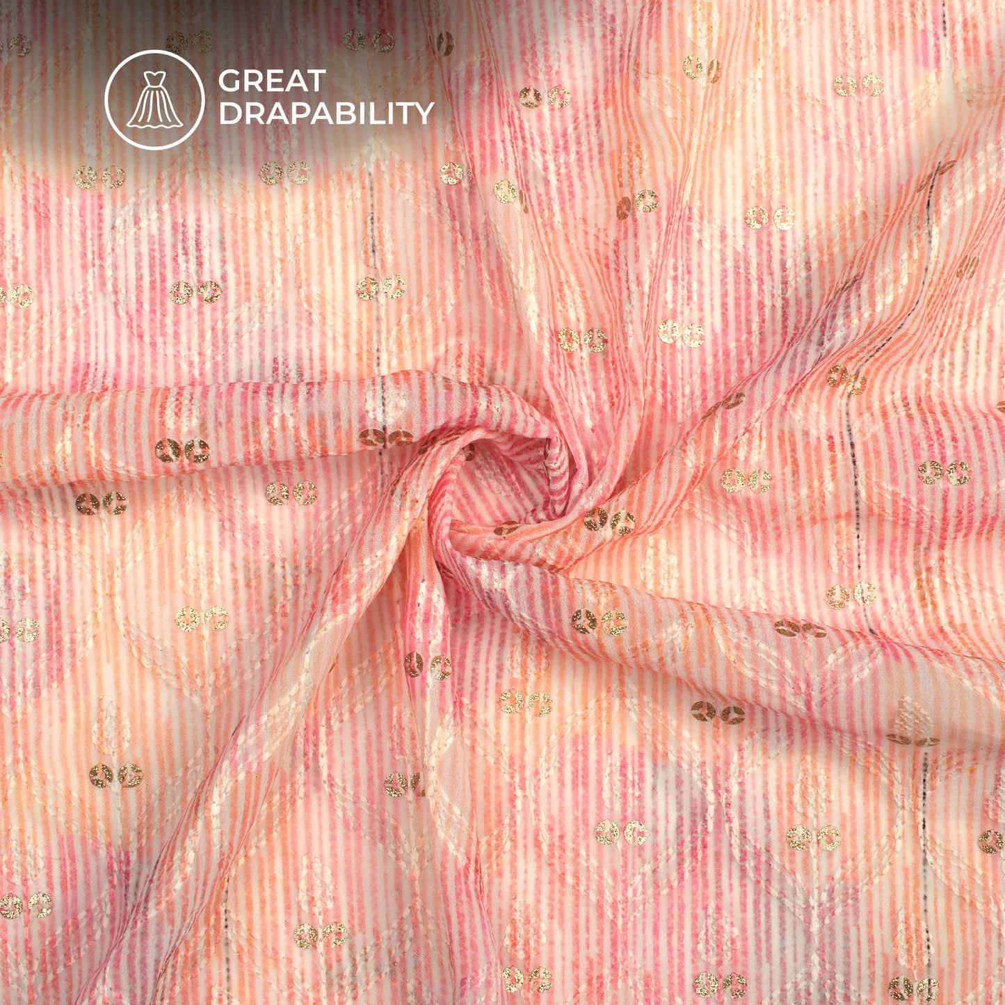 Taffy Pink Stripes Trellis Zari Sequins Embroidery Digital Print Georgette Fabric