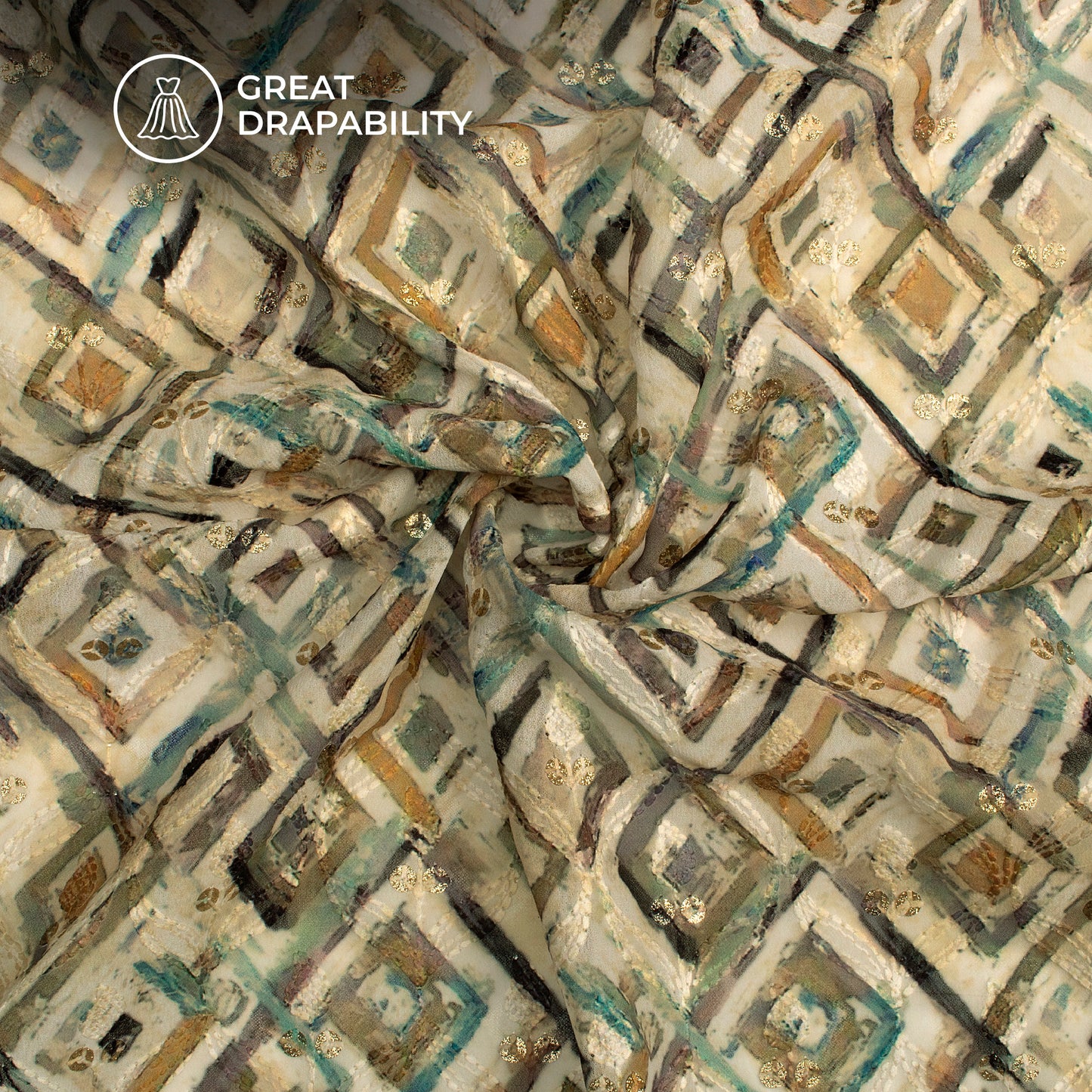 Oyster Beige Geometric Trellis Zari Sequins Embroidery Digital Print Georgette Fabric