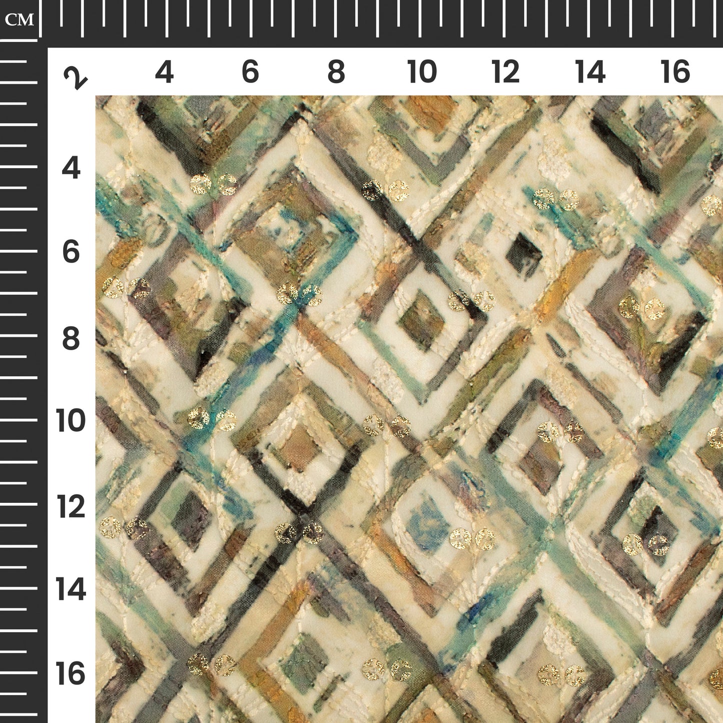 Oyster Beige Geometric Trellis Zari Sequins Embroidery Digital Print Georgette Fabric