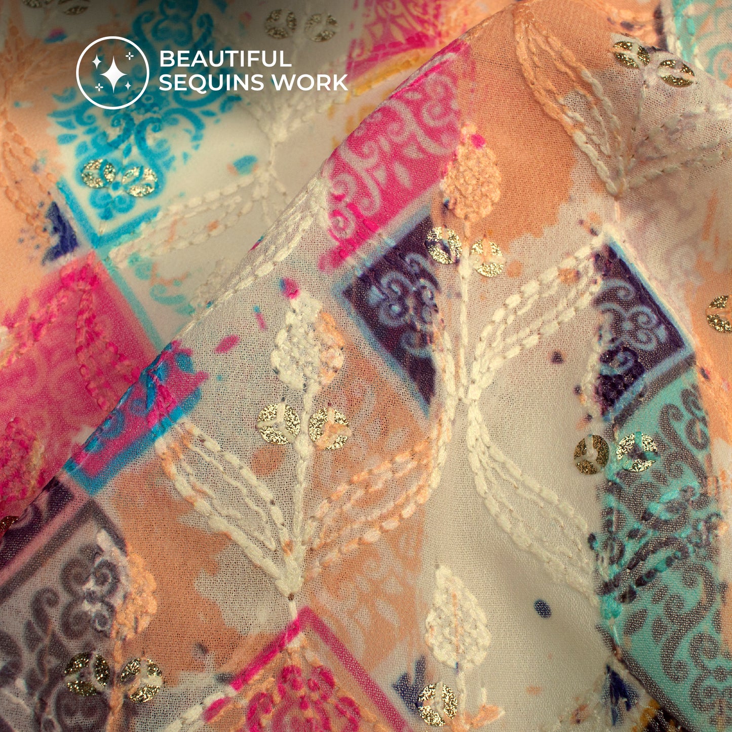 Ivory Cream And Pink Stripes Trellis Zari Sequins Embroidery Digital Print Georgette Fabric