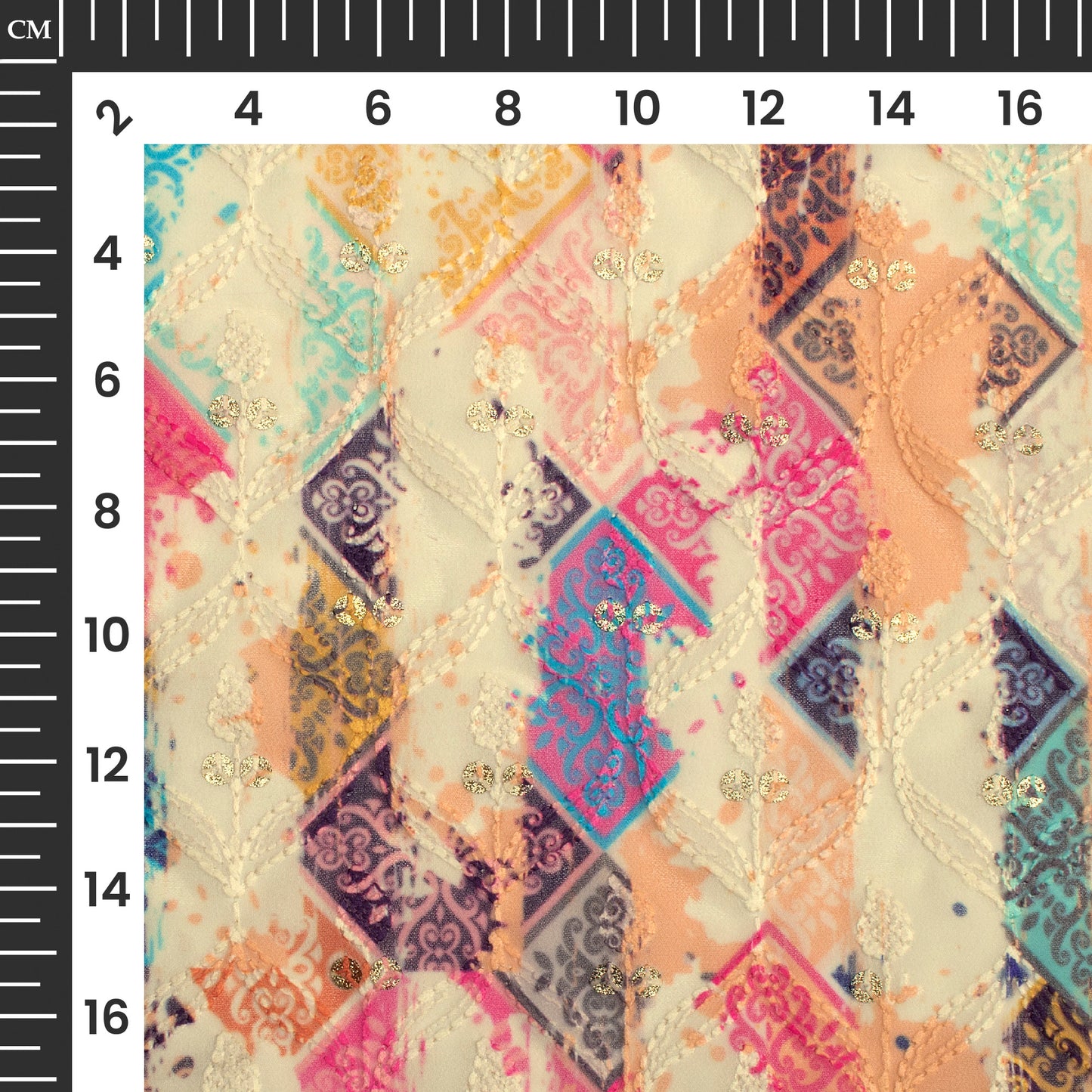 Ivory Cream And Pink Stripes Trellis Zari Sequins Embroidery Digital Print Georgette Fabric