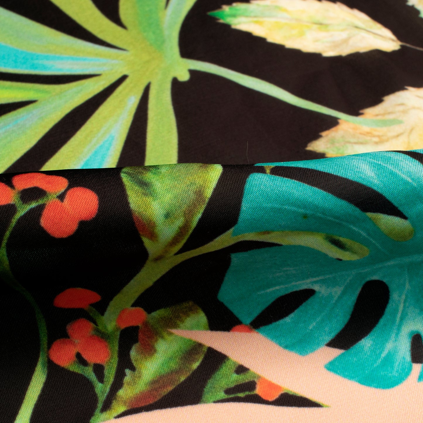 Black Leafage Digital Print Imported Satin Fabric