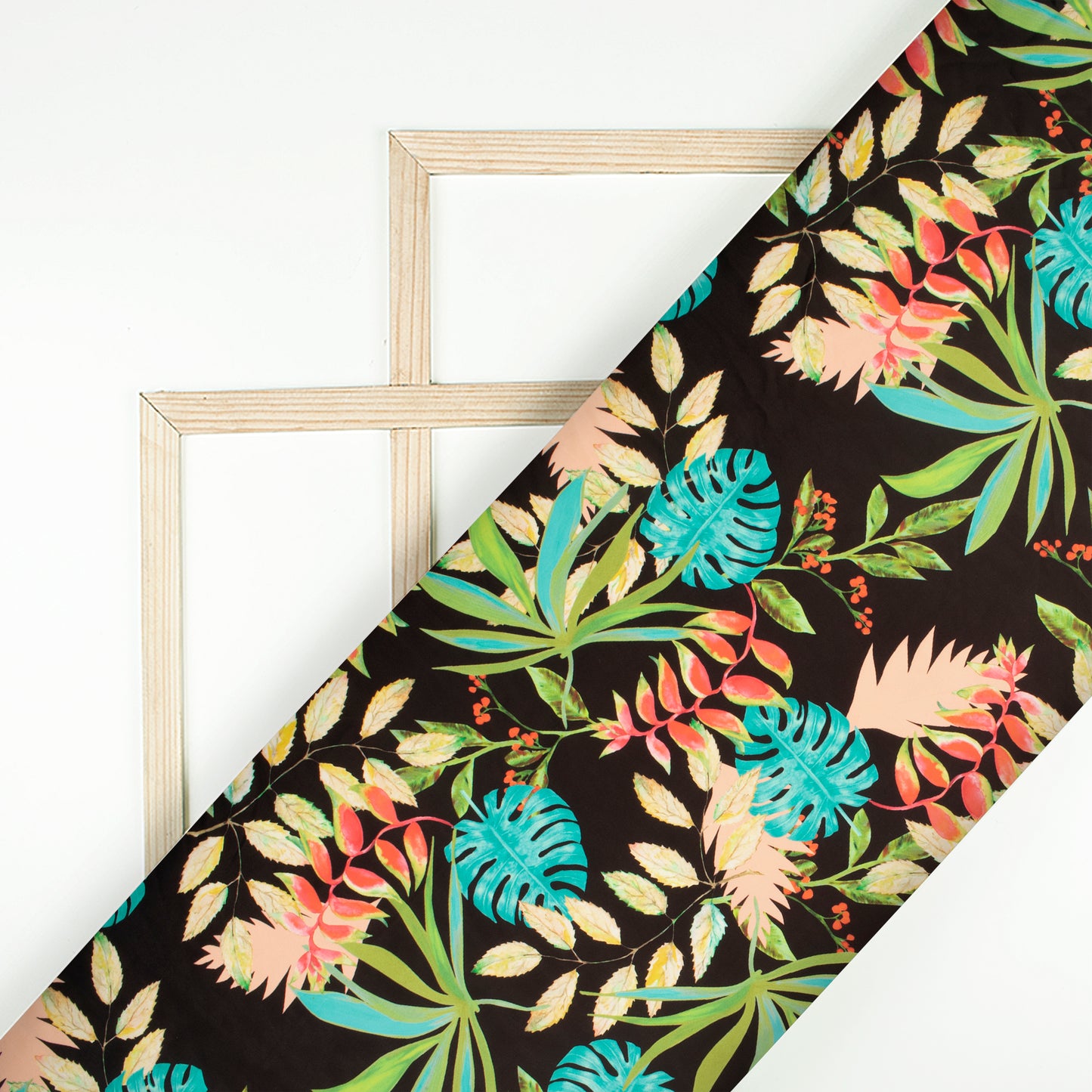Black Leafage Digital Print Imported Satin Fabric