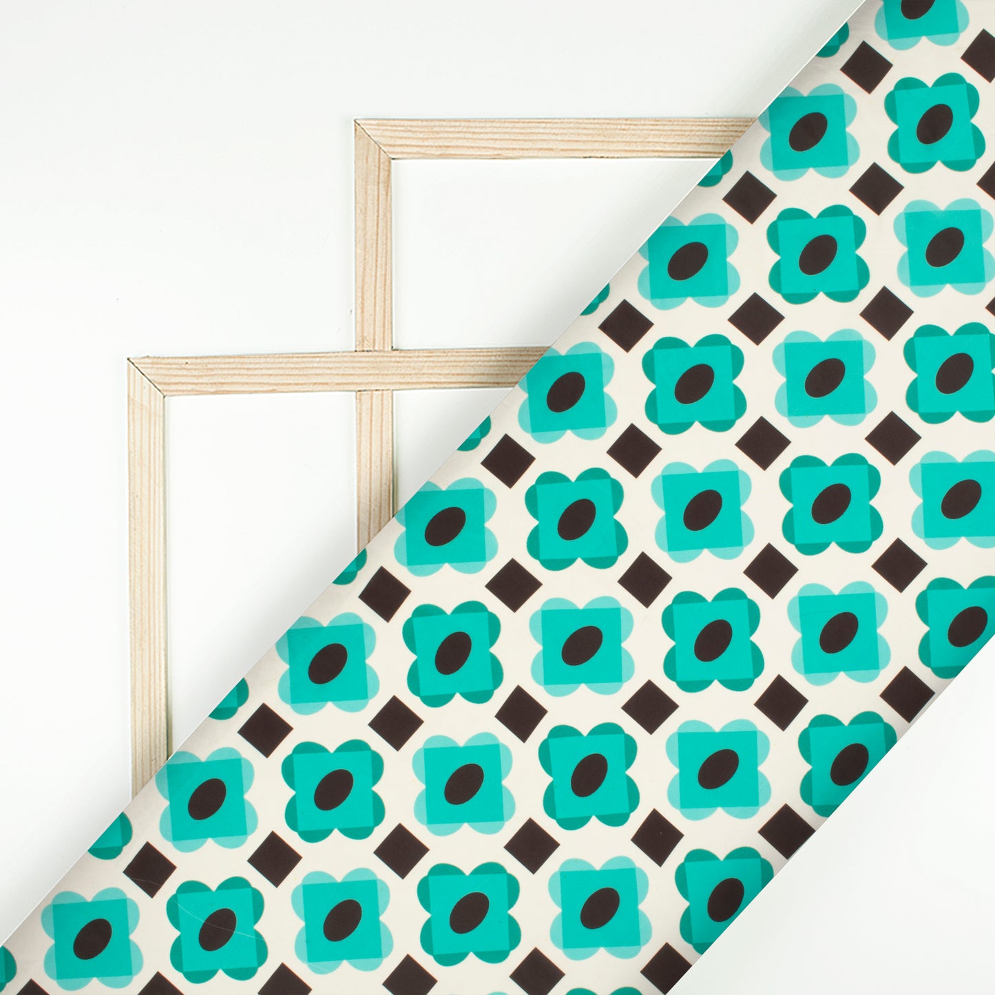 Teal Green Geometric Digital Print Imported Satin Fabric