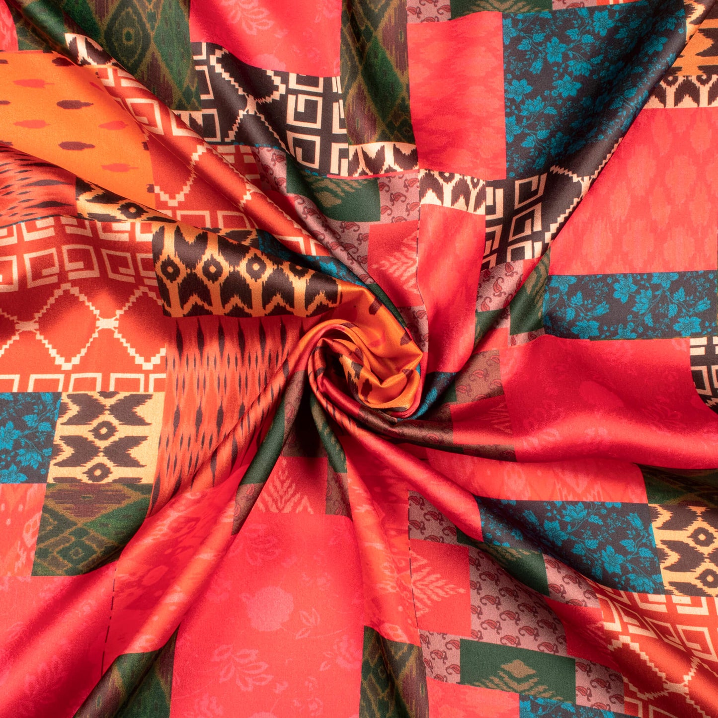 Vermillion Red And Balck Geometric Digital Print Japan Satin Fabric