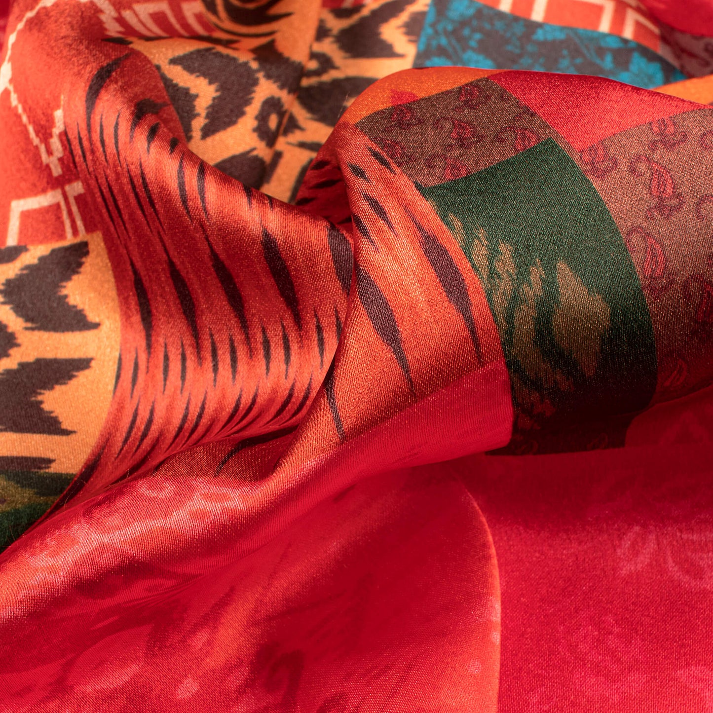 Vermillion Red And Balck Geometric Digital Print Japan Satin Fabric