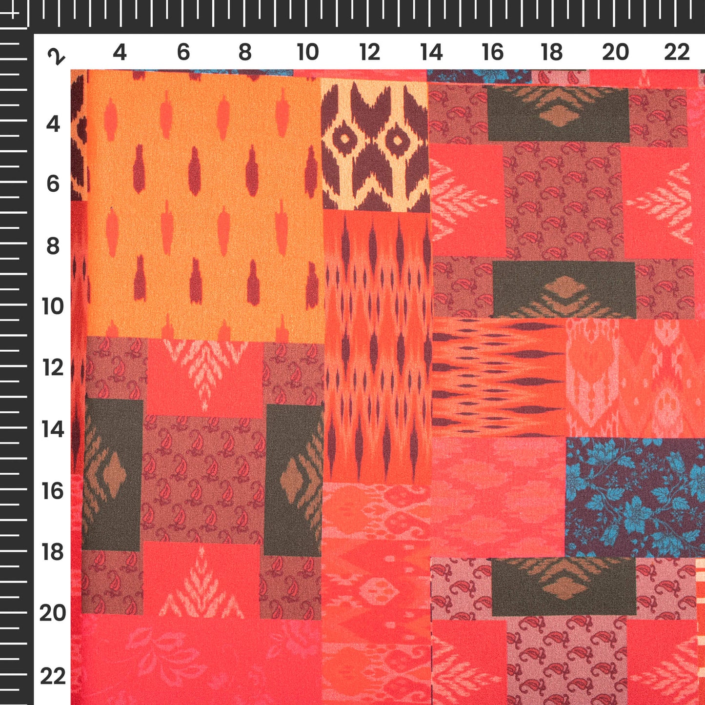 Vermillion Red And Balck Geometric Digital Print Japan Satin Fabric