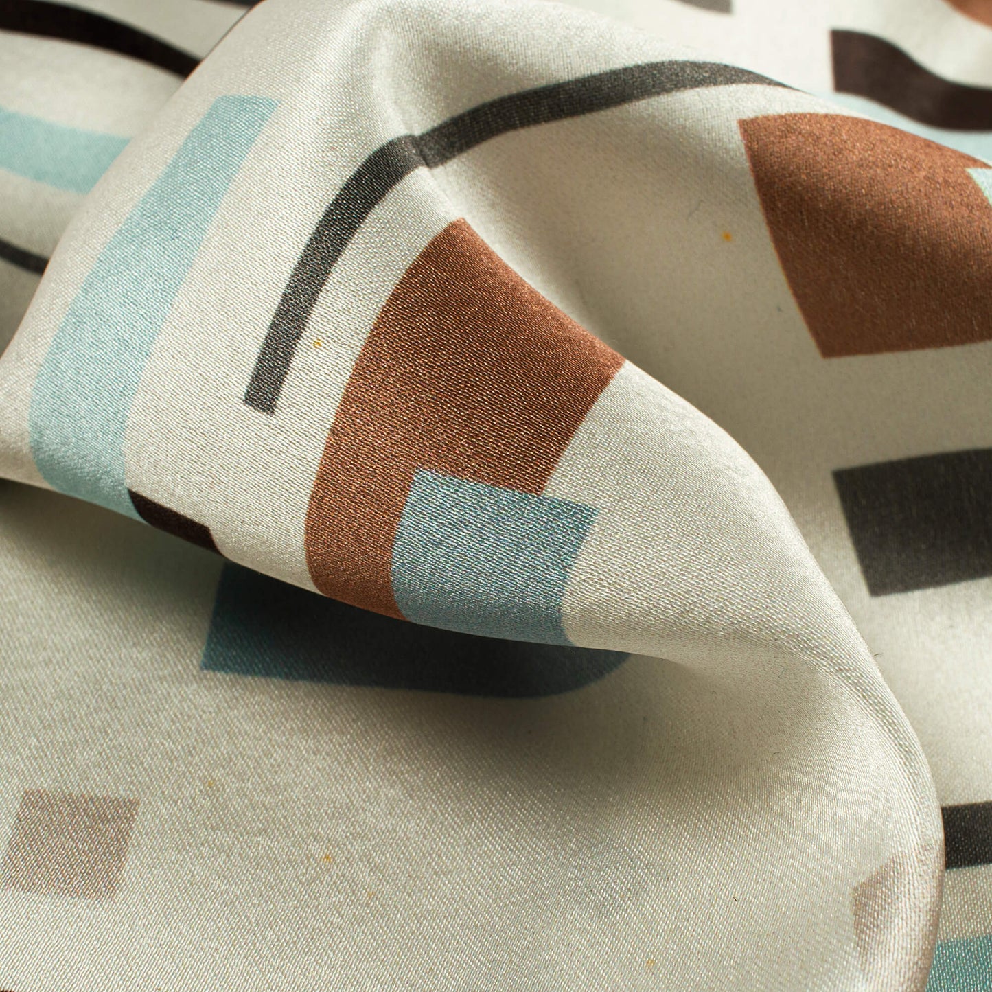 Cream And Brown Geometric Digital Print Japan Satin Fabric