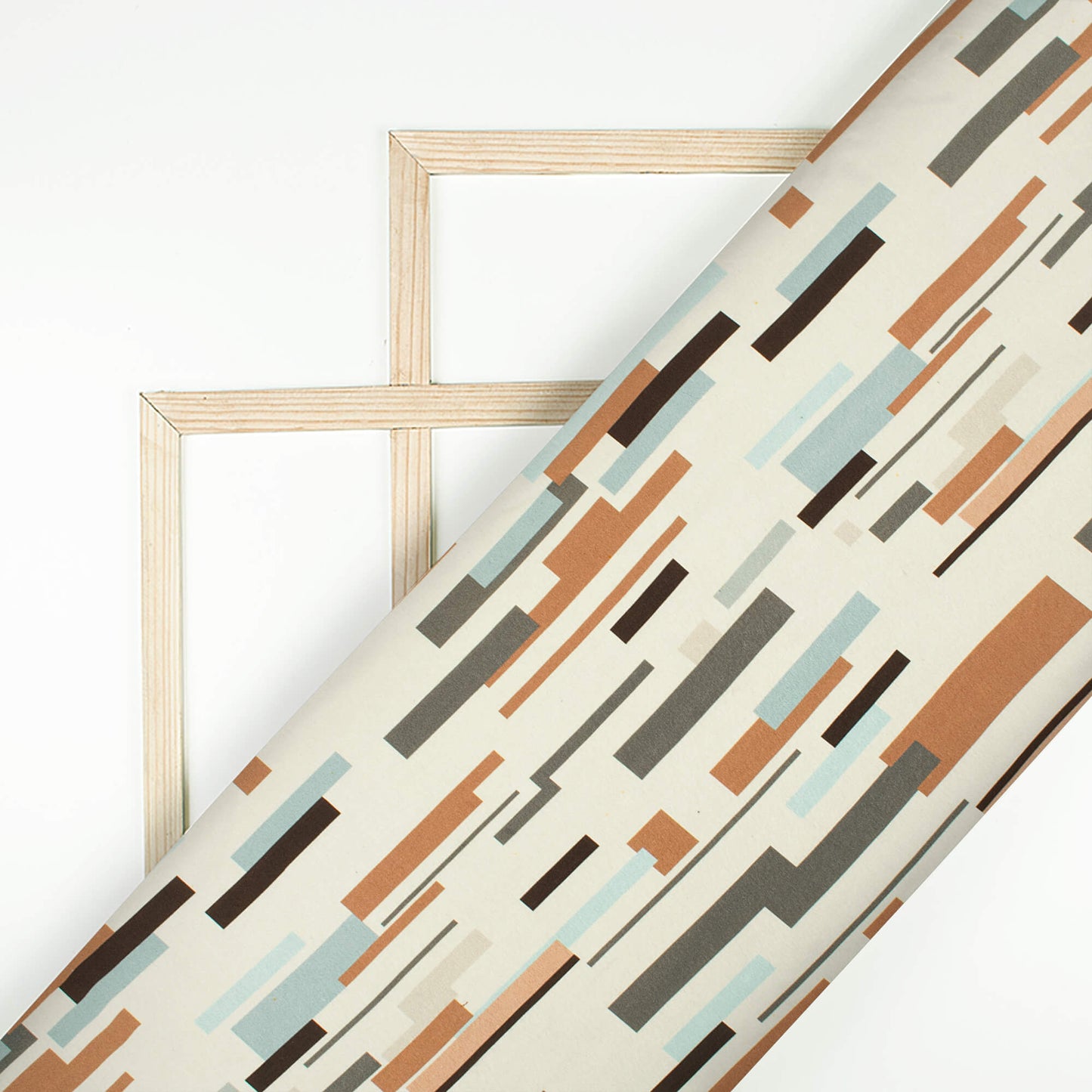 Cream And Brown Geometric Digital Print Japan Satin Fabric