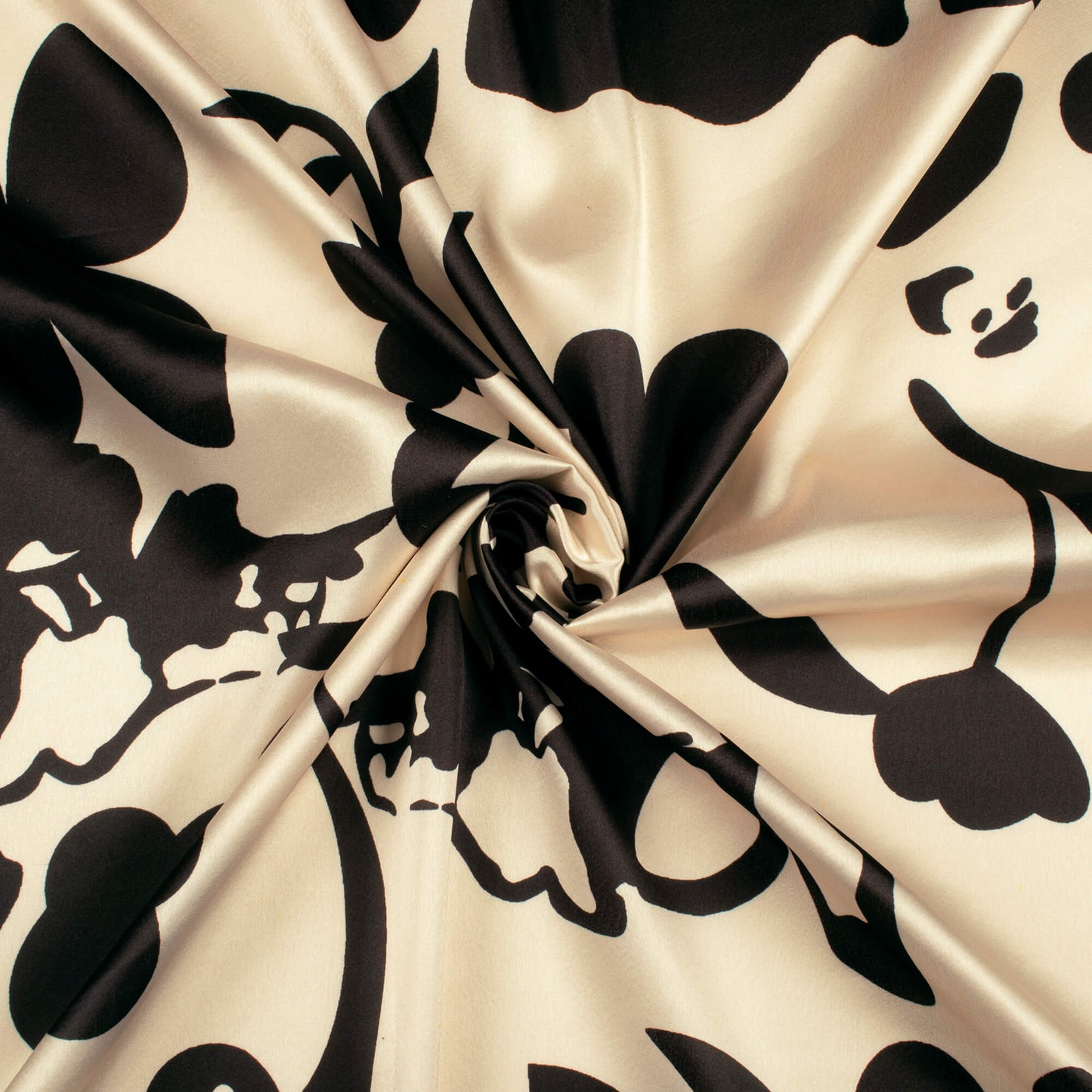 Ivory Cream And Black Floral Digital Print Japan Satin Fabric