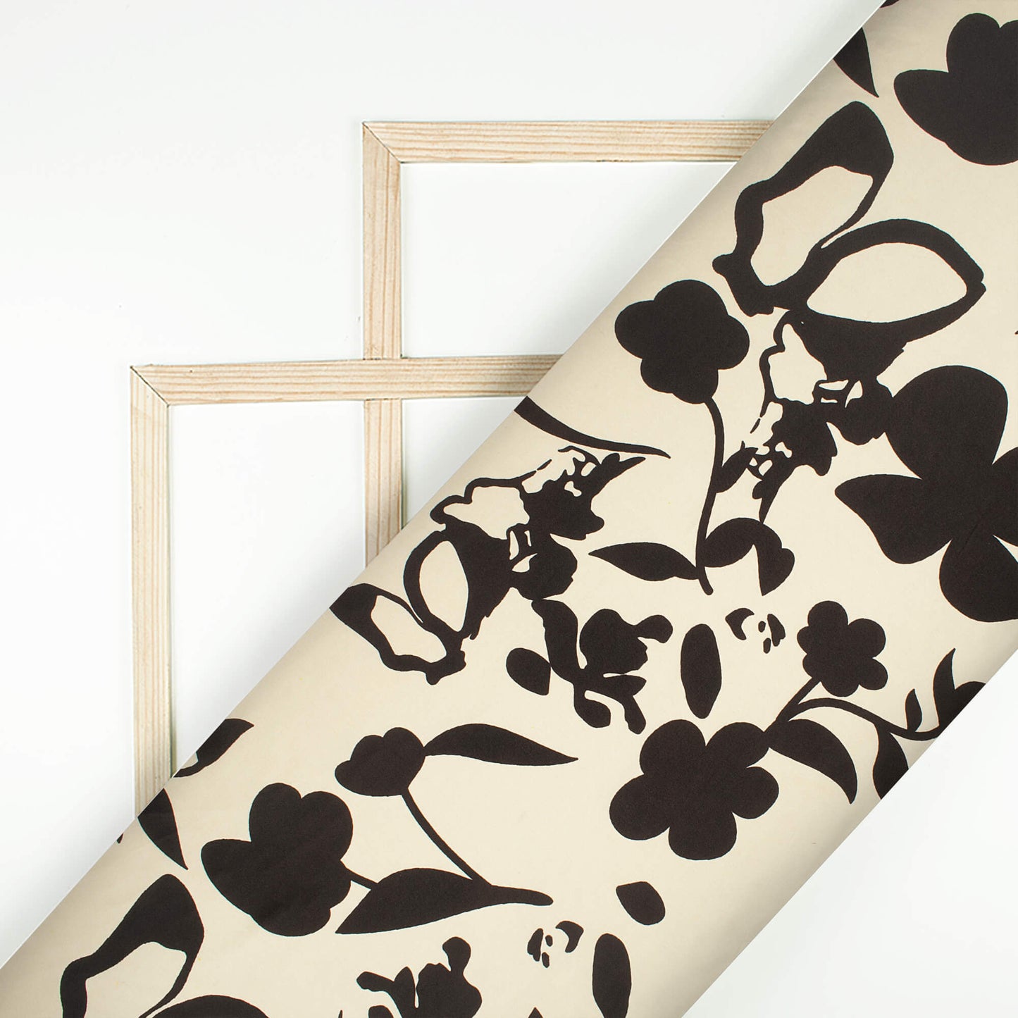 Ivory Cream And Black Floral Digital Print Japan Satin Fabric