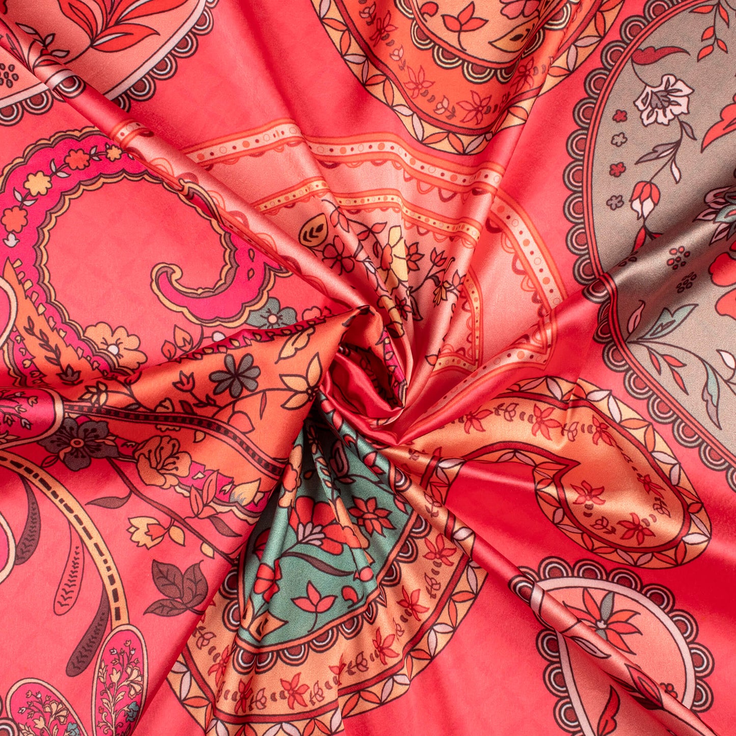 Punch Pink And Peach Paisely Digital Print Japan Satin Fabric