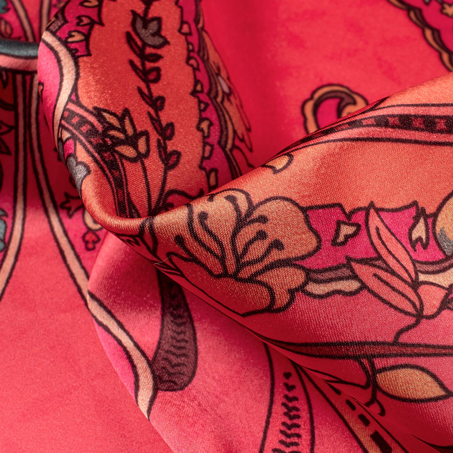 Punch Pink And Peach Paisely Digital Print Japan Satin Fabric
