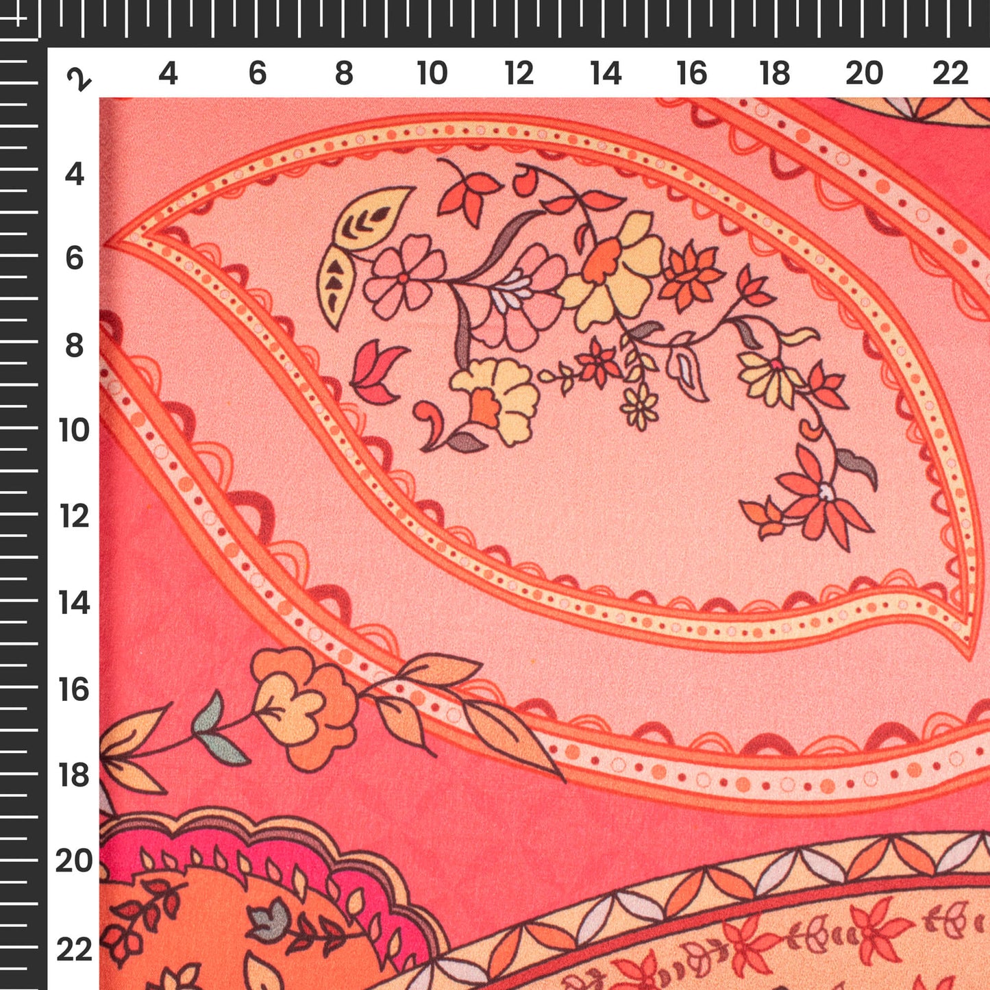 Punch Pink And Peach Paisely Digital Print Japan Satin Fabric