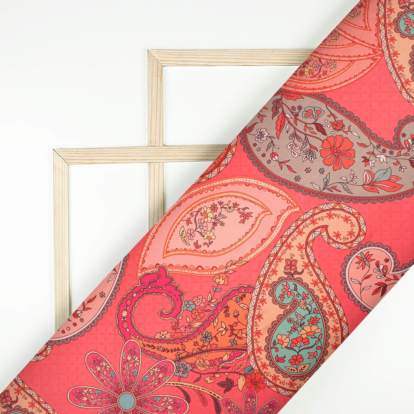 Punch Pink And Peach Paisely Digital Print Japan Satin Fabric