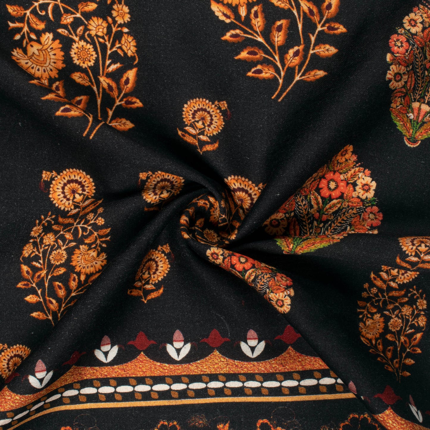 Fire Orange And Black Floral Digital Print Viscose Rayon Fabric(Width 58 Inches)