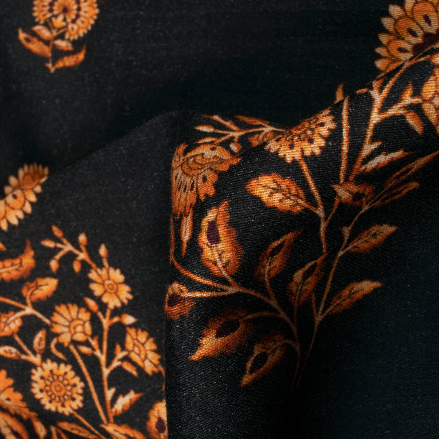 Fire Orange And Black Floral Digital Print Viscose Rayon Fabric(Width 58 Inches)