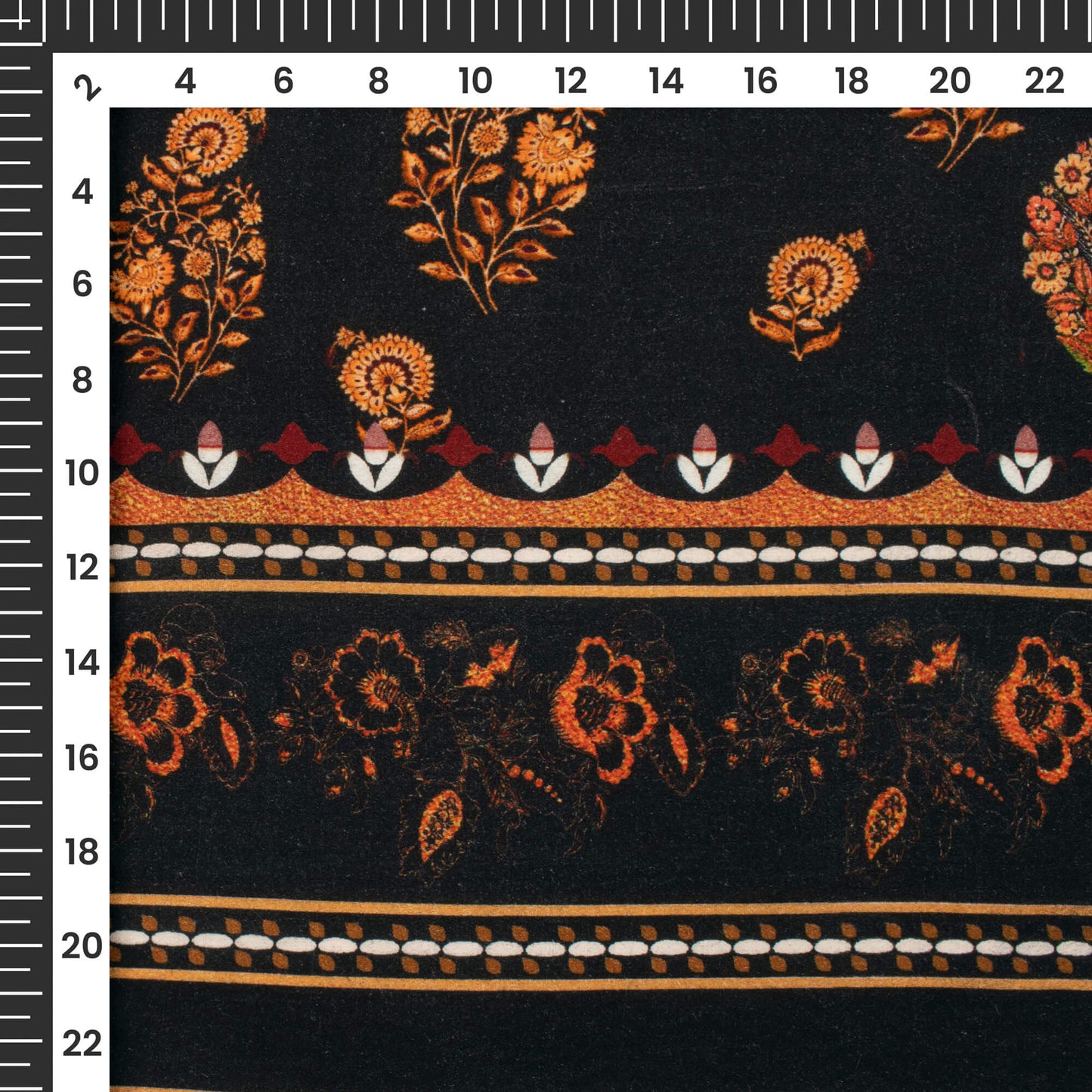 Fire Orange And Black Floral Digital Print Viscose Rayon Fabric(Width 58 Inches)