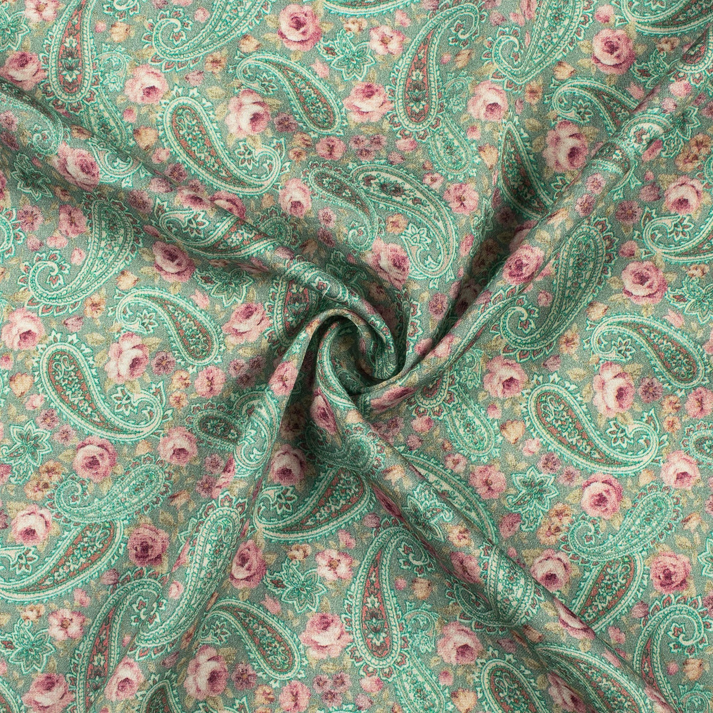 Turquoise Blue And Pink Paisley Digital Print Viscose Rayon Fabric(Width 58 Inches)