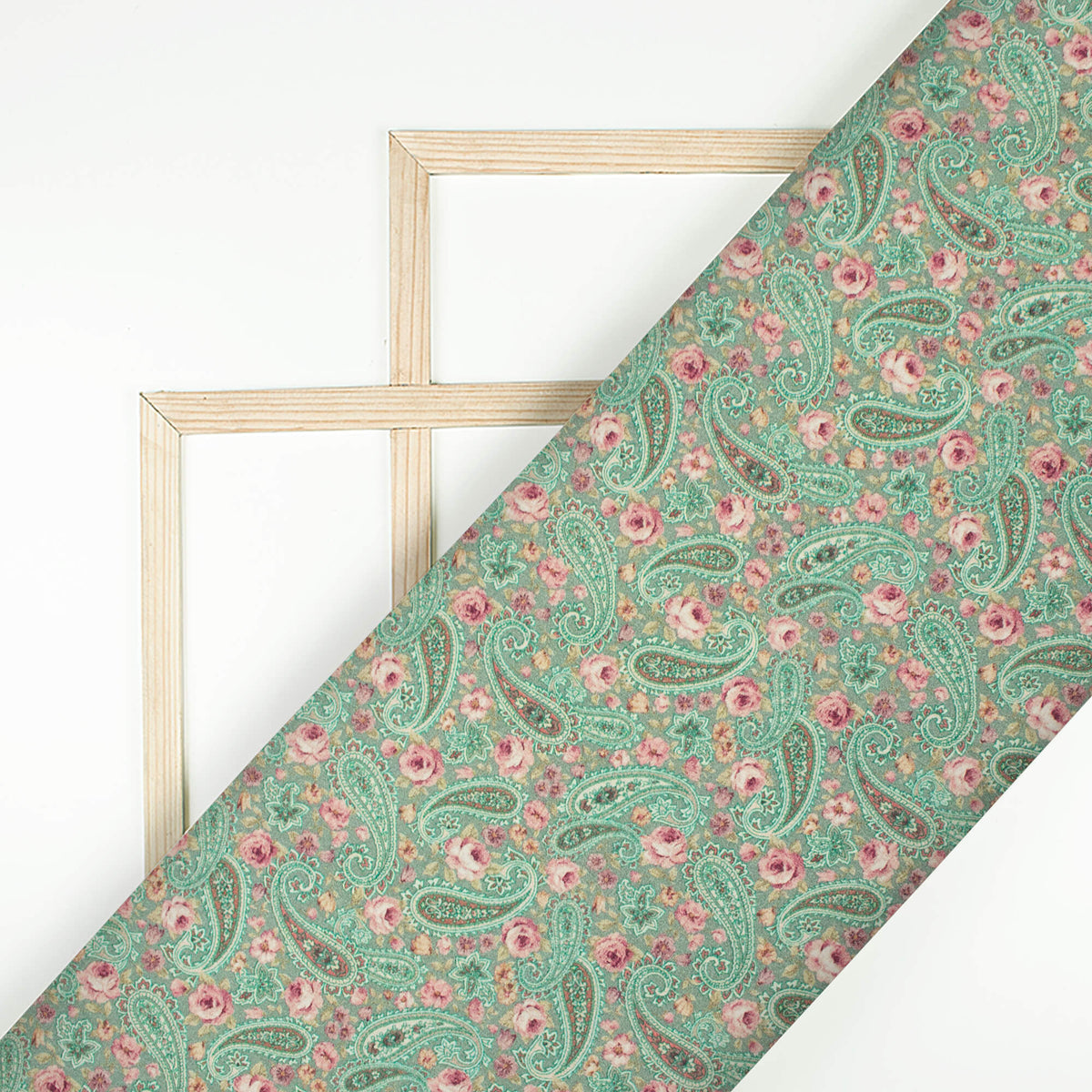 Turquoise Blue And Pink Paisley Digital Print Viscose Rayon Fabric(Width 58 Inches)