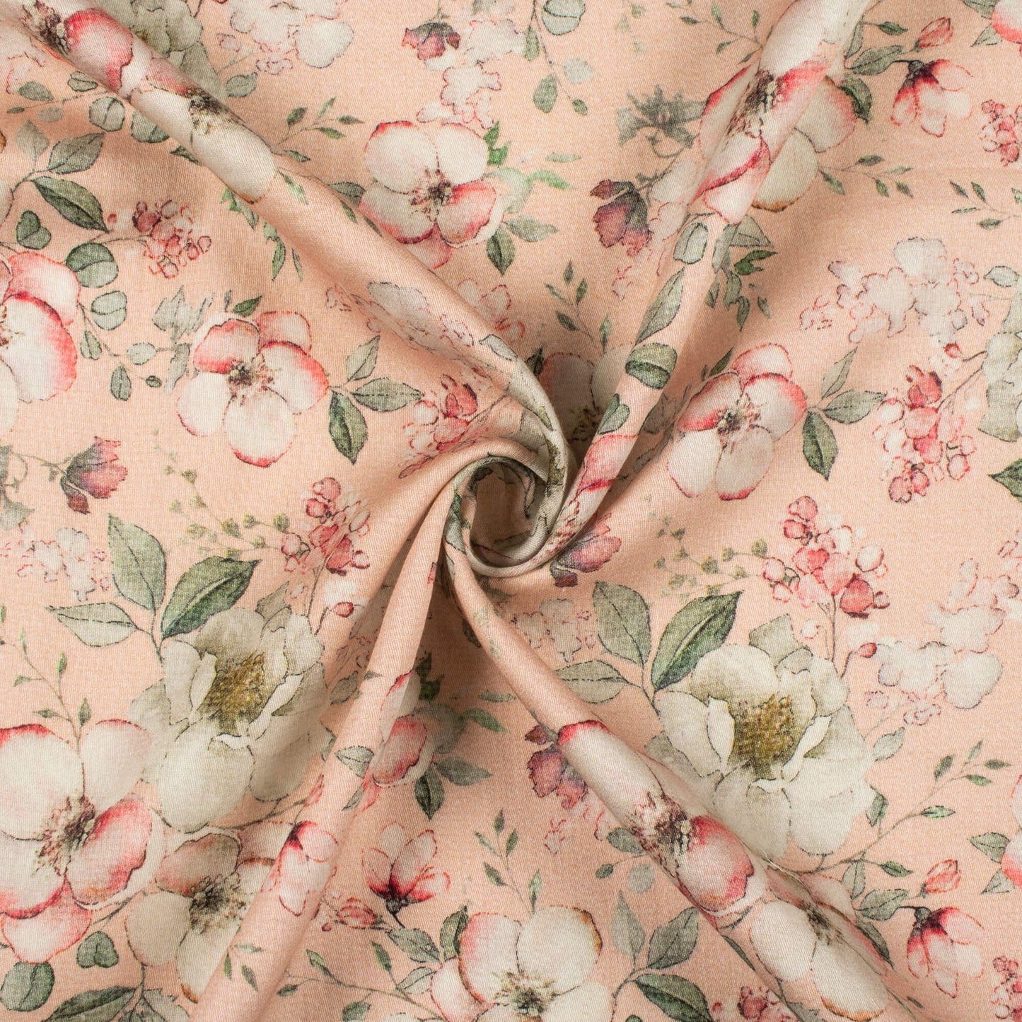 Salmon Pink And off-White Floral Digital Print Viscose Rayon Fabric(Width 58 Inches)