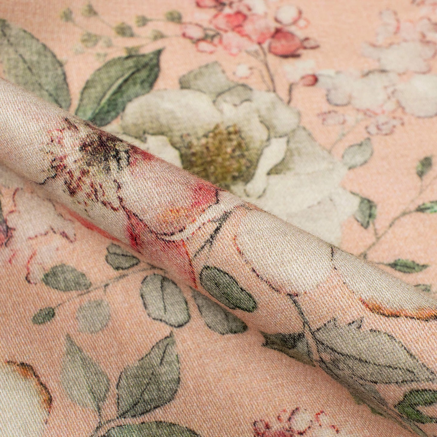 Salmon Pink And off-White Floral Digital Print Viscose Rayon Fabric(Width 58 Inches)