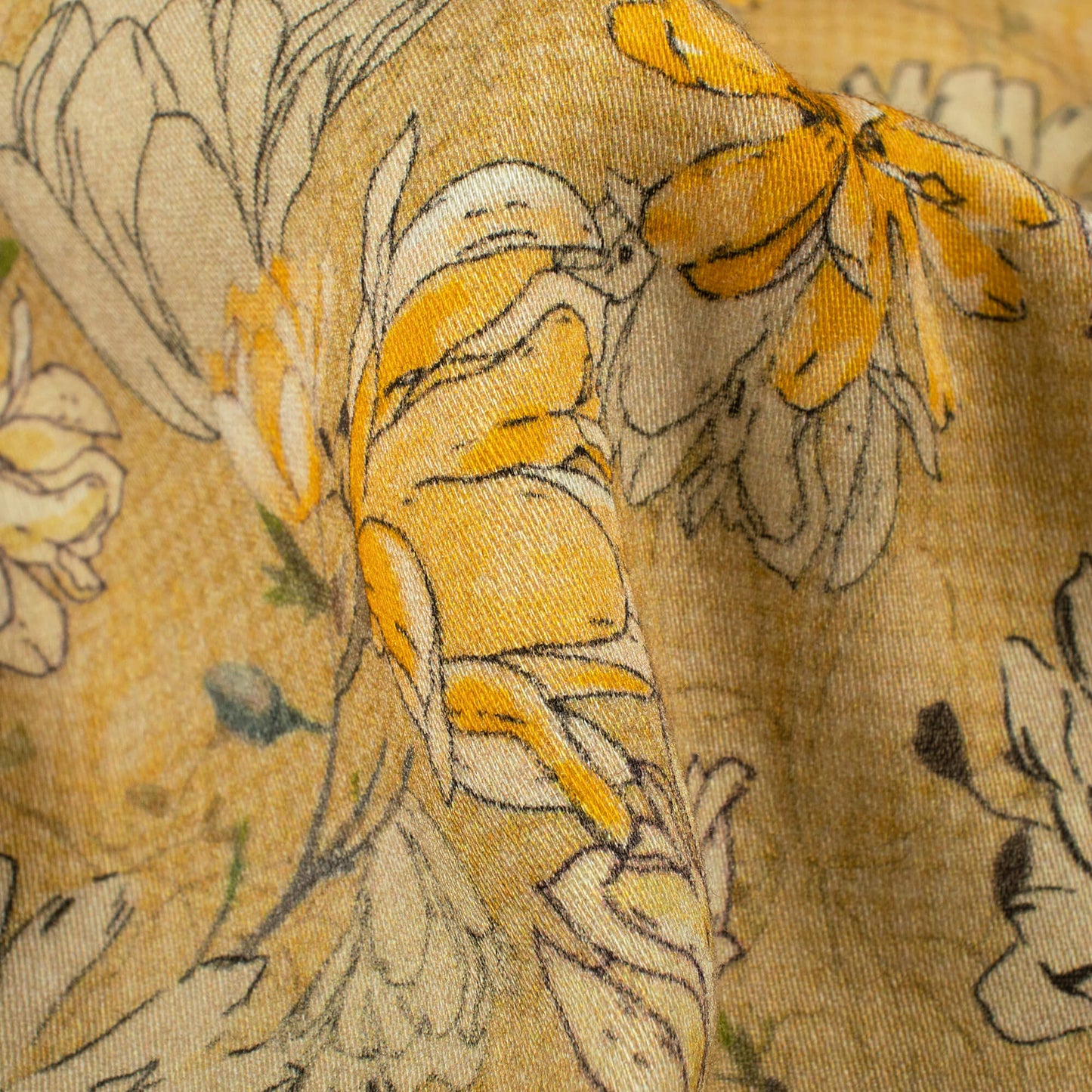 Flaxen Yellow And Beige Floral Digital Print Viscose Rayon Fabric(Width 58 Inches)