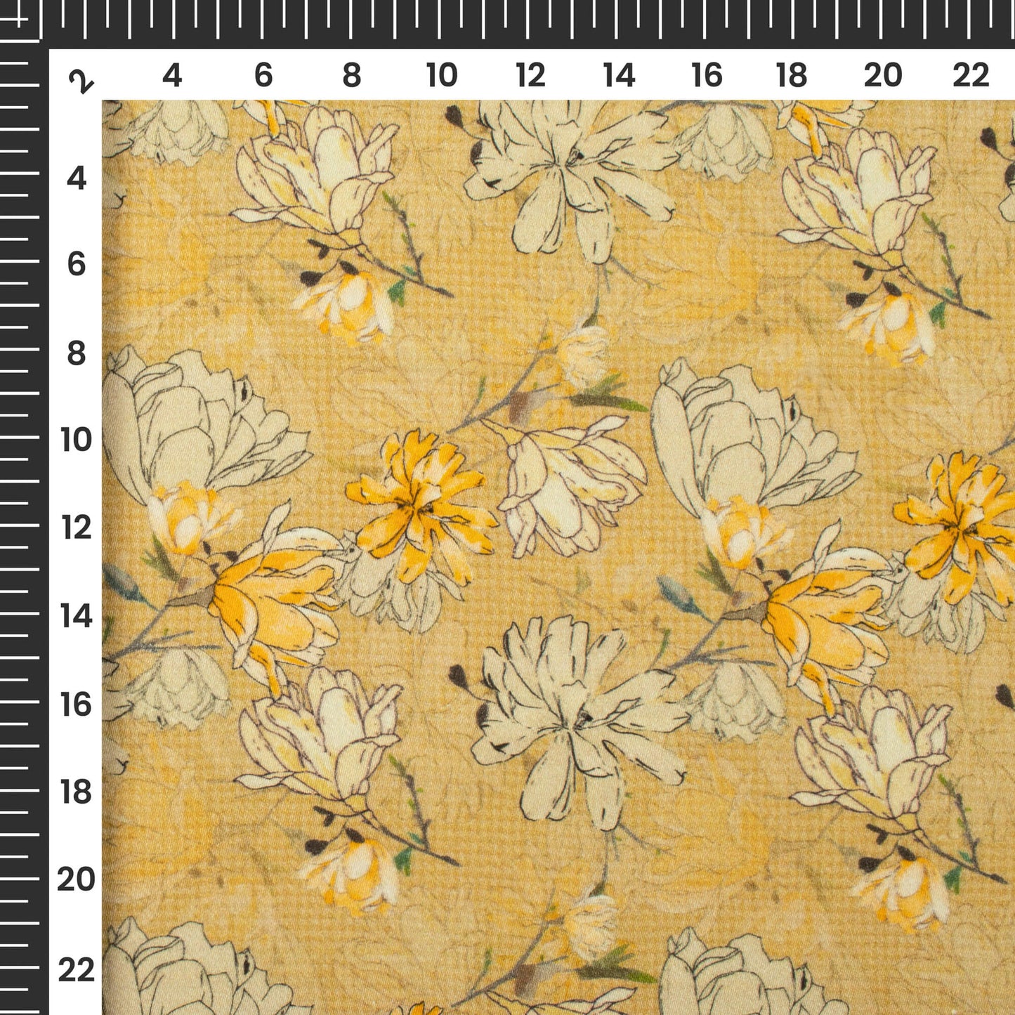 Flaxen Yellow And Beige Floral Digital Print Viscose Rayon Fabric(Width 58 Inches)