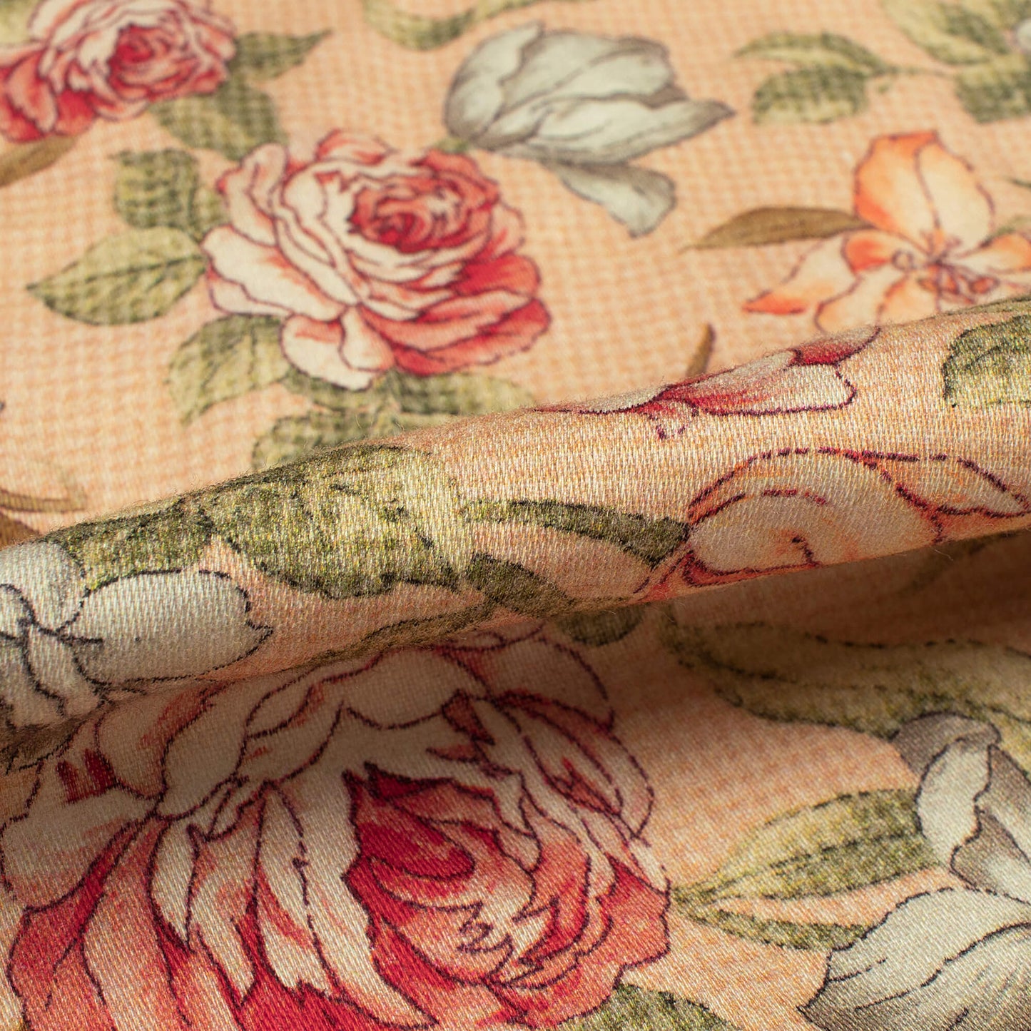 Pale Orange And Red Floral Digital Print Viscose Rayon Fabric(Width 58 Inches)