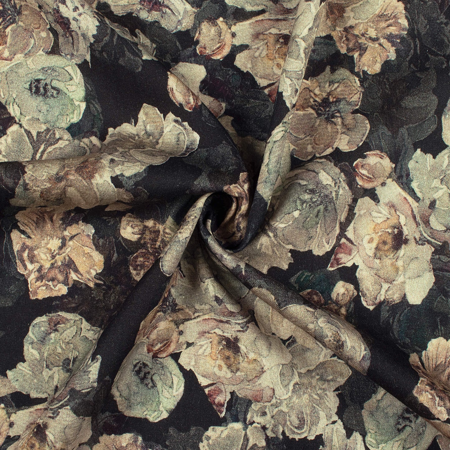 Oat Beige And Black Floral Digital Print Viscose Rayon Fabric(Width 58 Inches)