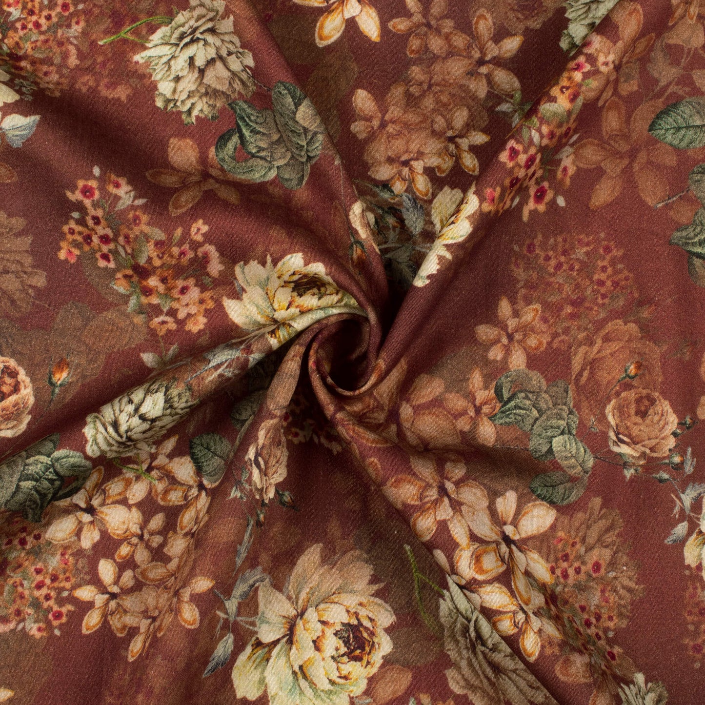 Caramel Brown And Peach Floral Digital Print Viscose Rayon Fabric(Width 58 Inches)