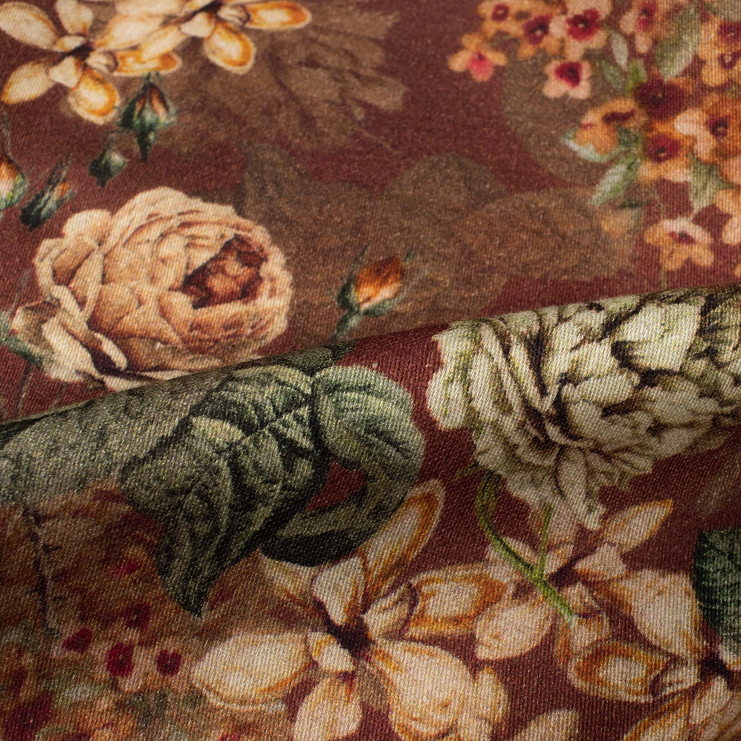 Caramel Brown And Peach Floral Digital Print Viscose Rayon Fabric(Width 58 Inches)