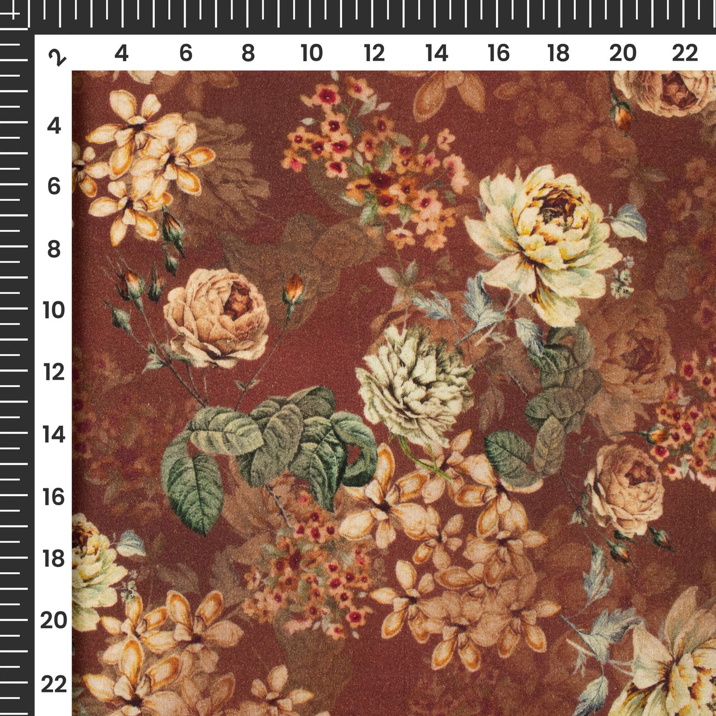 Caramel Brown And Peach Floral Digital Print Viscose Rayon Fabric(Width 58 Inches)