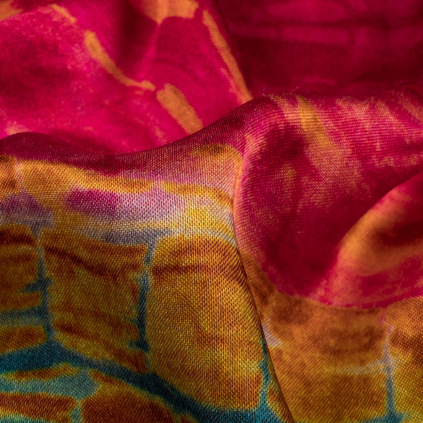 Magenta Pink And Orange Shiiborii Digital Print Viscose Gaji Silk Fabric