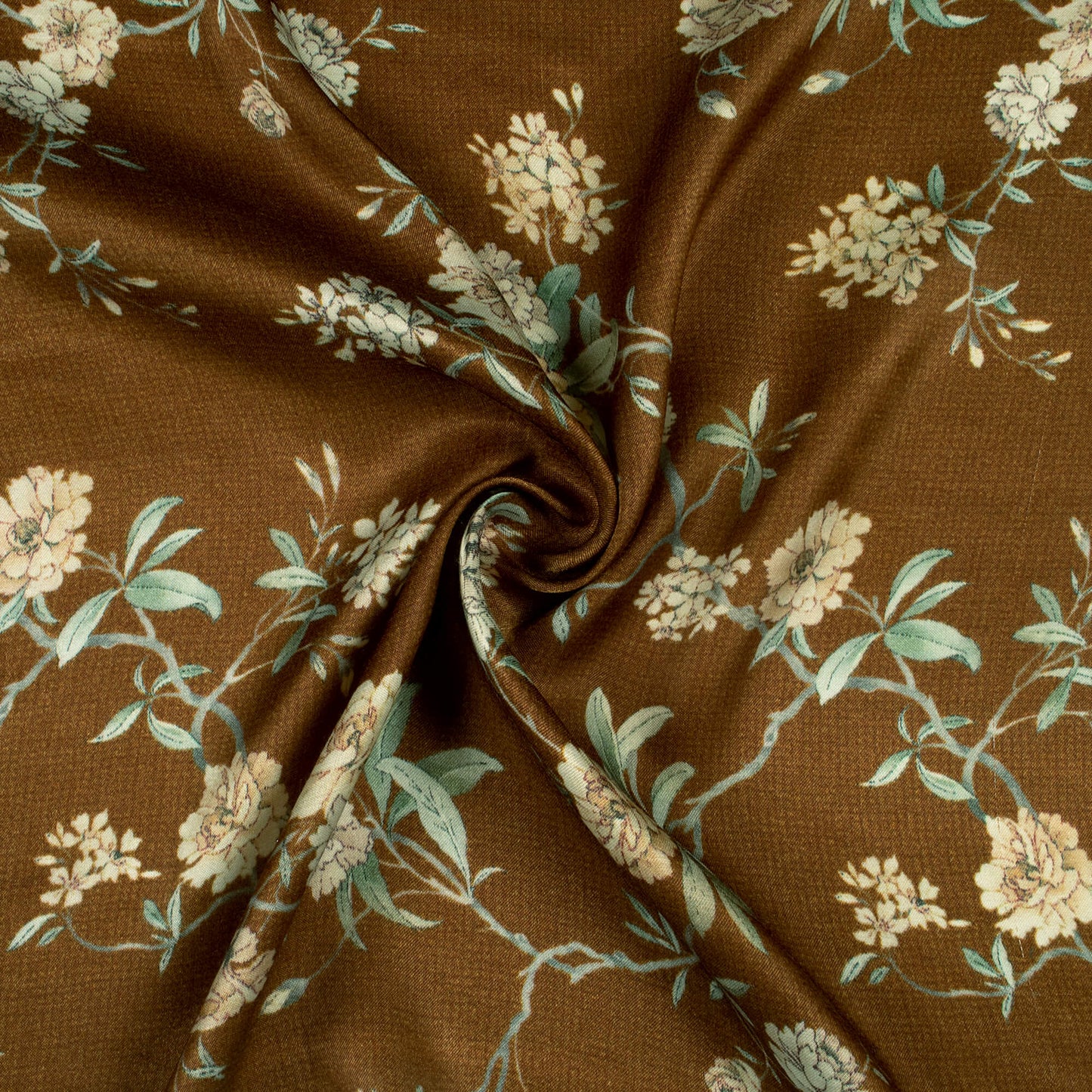 Coffee Brown And Cream Floral Digital Print Viscose Gaji Silk Fabric