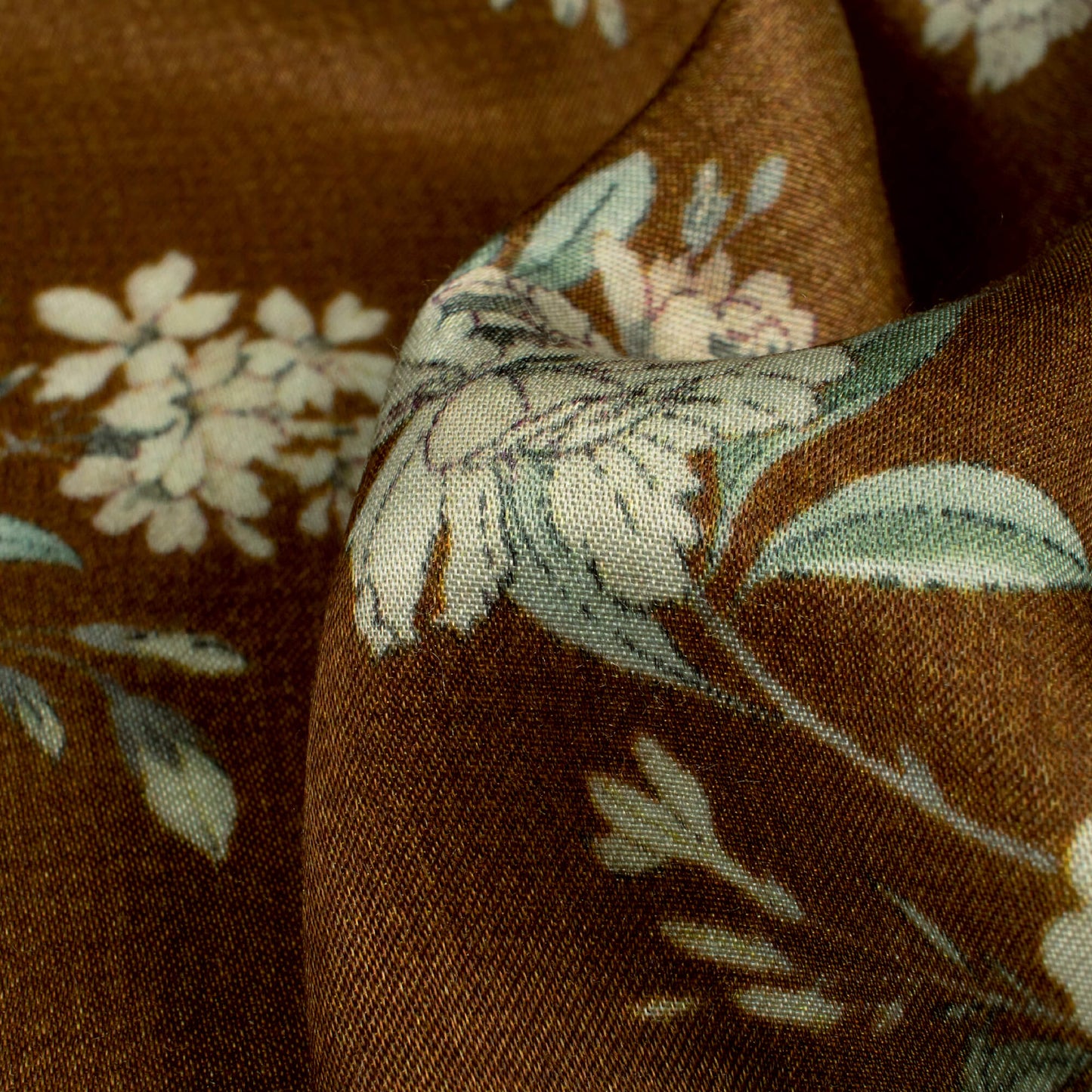 Coffee Brown And Cream Floral Digital Print Viscose Gaji Silk Fabric