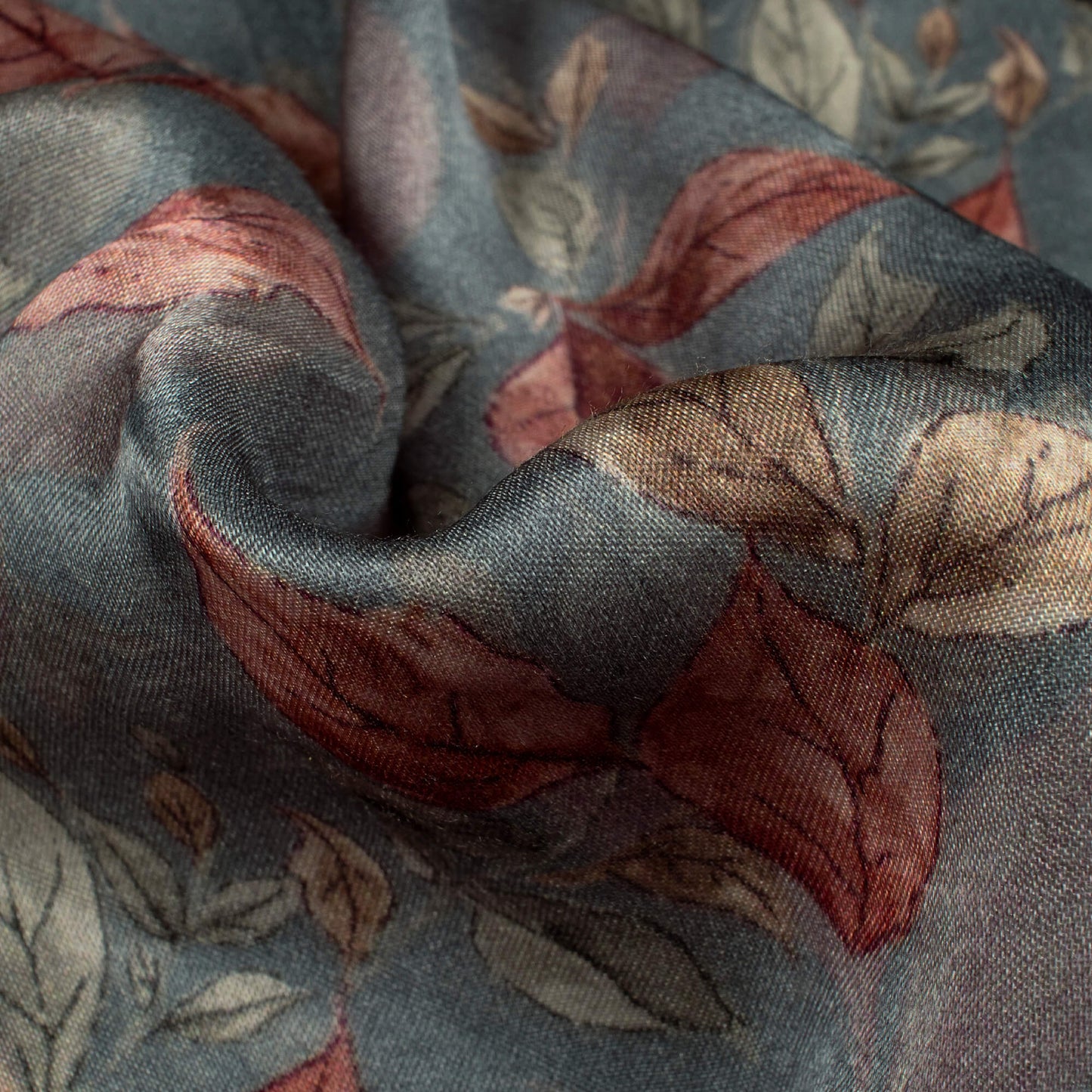 Stone Blue And Brown Leaf Digital Print Viscose Gaji Silk Fabric